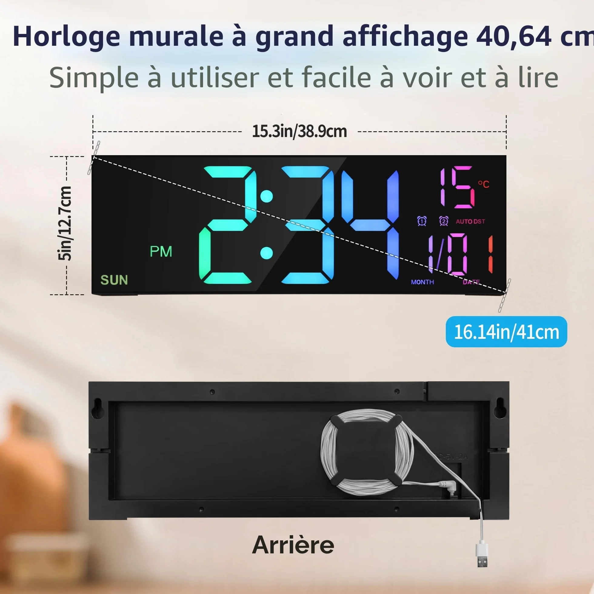HAITANG Grande Horloge Murale Numérique 16" RVB LED Double Alarme Télécommande Température
