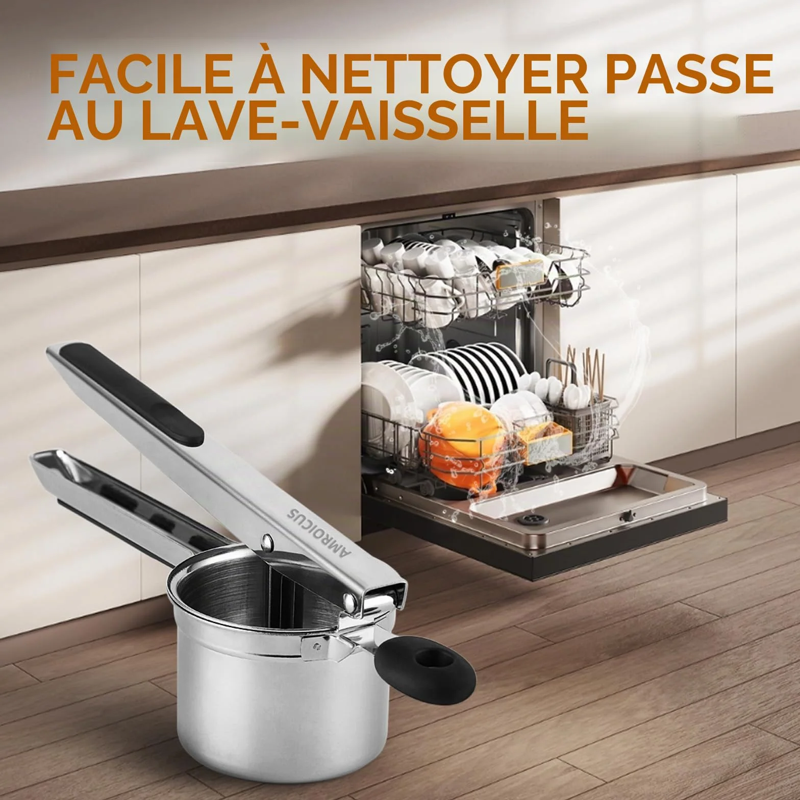 Presse-purée inox 450 ml fond perforé fixe, presse à pommes de terre grande capacité