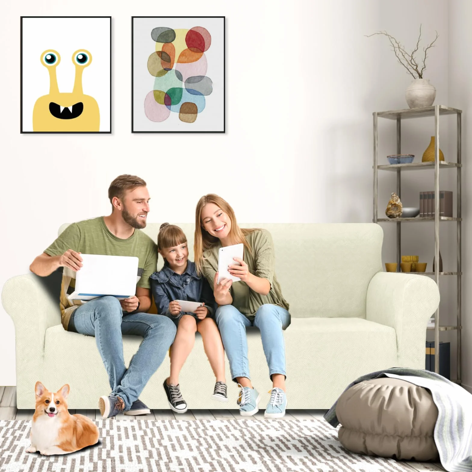 YSTELLAA Extensible Housse De Canapé 3 Places Universelle avec Accoudoirs, Sofa Cover Lavable Antidérapante Beige