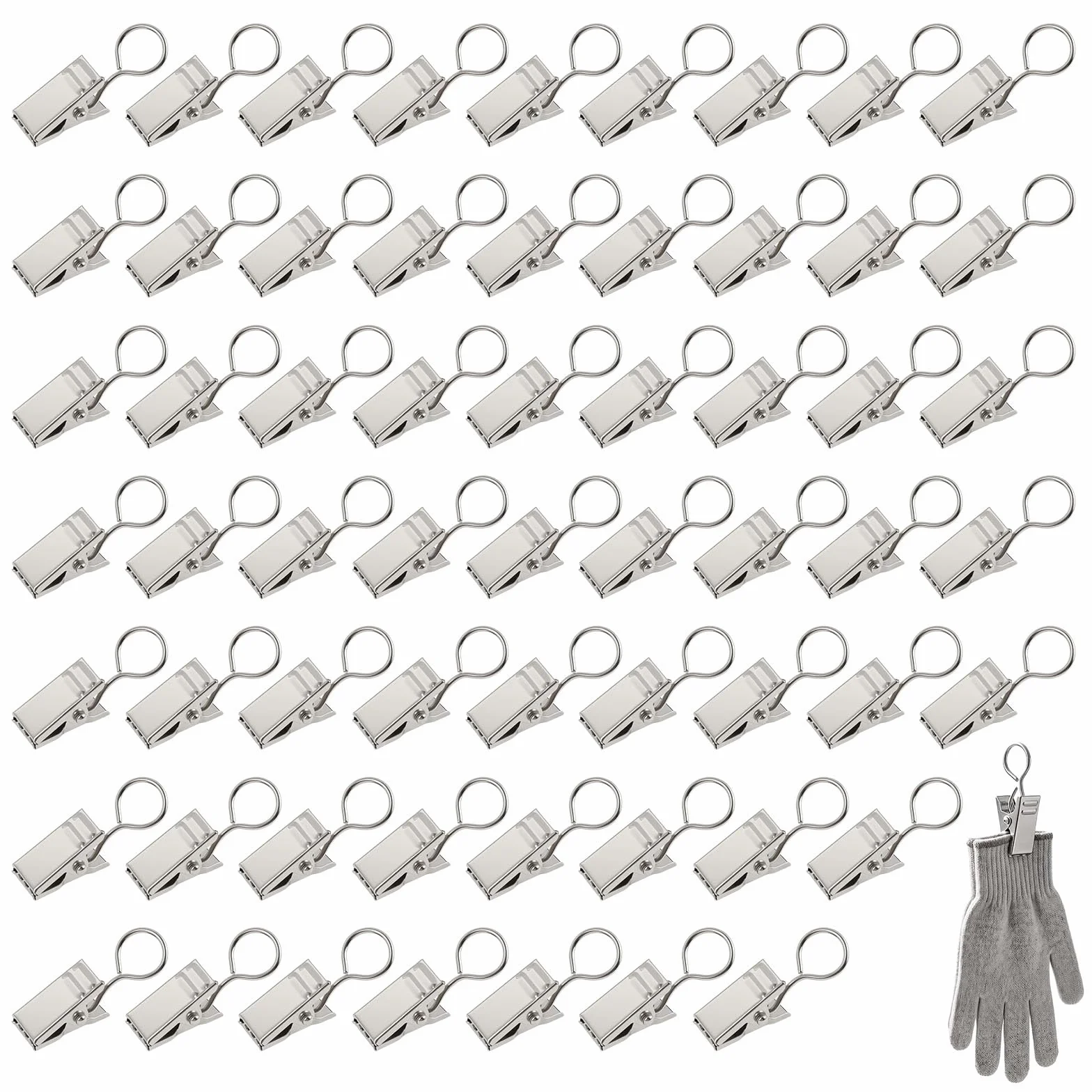 Pinces à Rideaux Métalliques 60PCS Crochets Acier Inoxydable Résistants à la Rouille Argenté