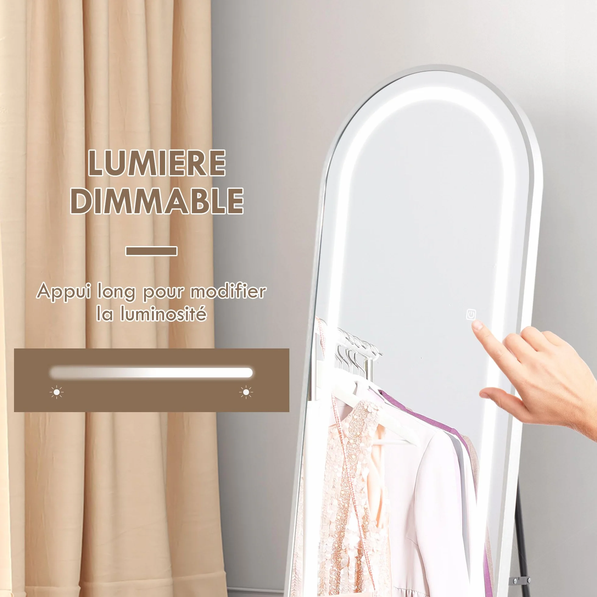 HOMCOM Miroir Pleine Longueur LED 150x40 cm 3 Couleurs Lumière Réglables Interrupteur Tactile Fonction Mémoire Argent