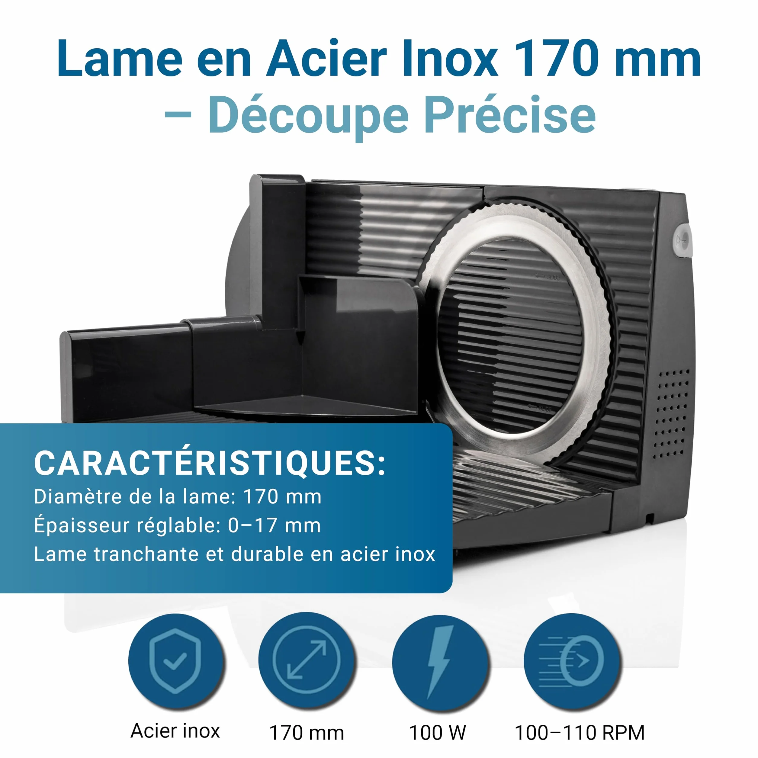 EUREL RS42 Trancheuse Électrique Noire Lame Inox Ø170 mm Épaisseur Réglable 0-17 mm Moteur CC EcoDrive 80 W