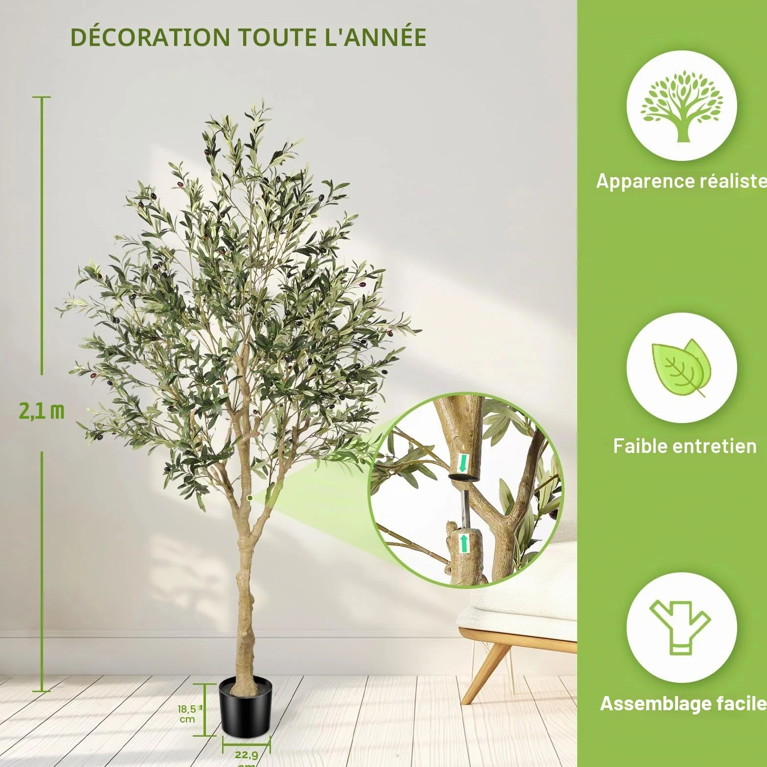 Olivier Artificiel réaliste 2,1 m Soie Tronc Bois Naturel Décoration Maison Bureau