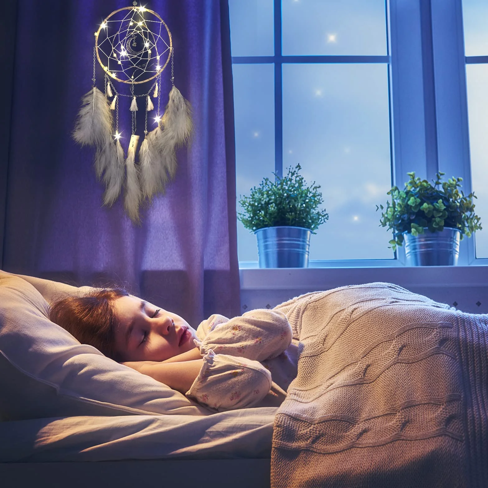 Attrapeur de Rêves LED Petit avec Lumière, Plumes Fait Main, Décoration Murale Maison (Gris)