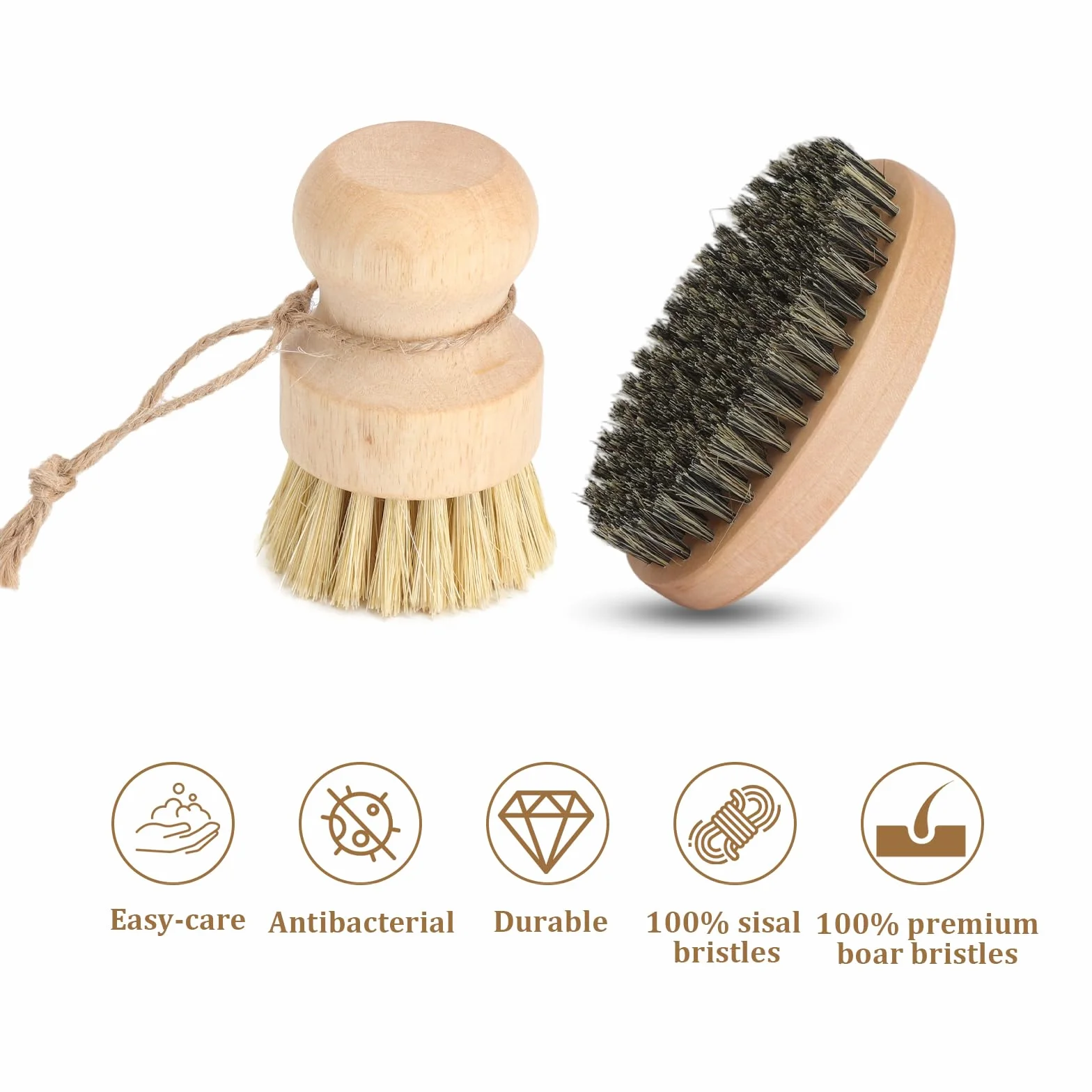 Lot de 2 Brosses de Cuisine en Bois Naturel, Brosse à Légumes et Brosse à Casseroles Antimoisissure