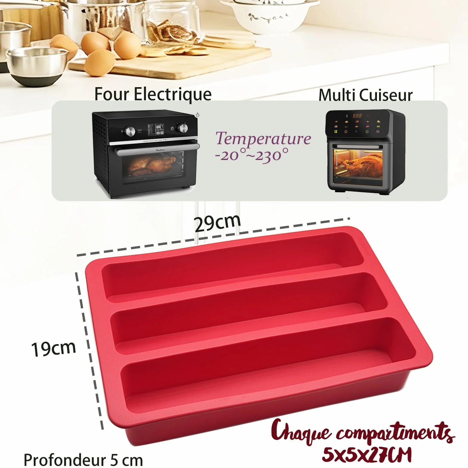 Moule Silicone Gâteau Rectangulaire 29x19cm Long Cake Apero Mini Cake 3 Cavités Rouge