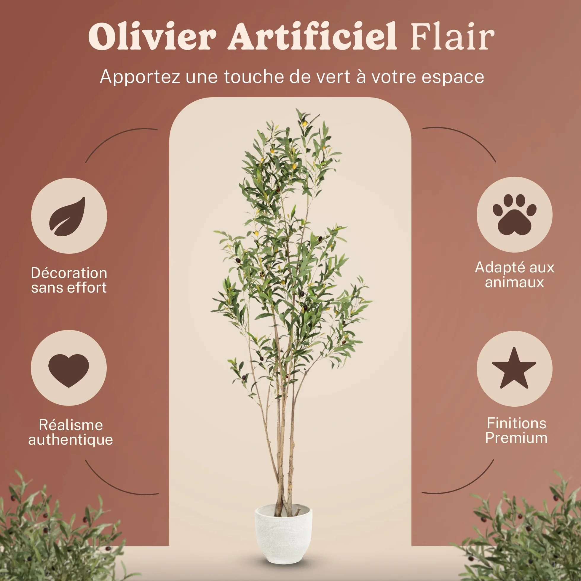 Olivier Artificiel 150 cm Plante Artificielle décorative avec Pot Inclus Style méditerranéen Moderne