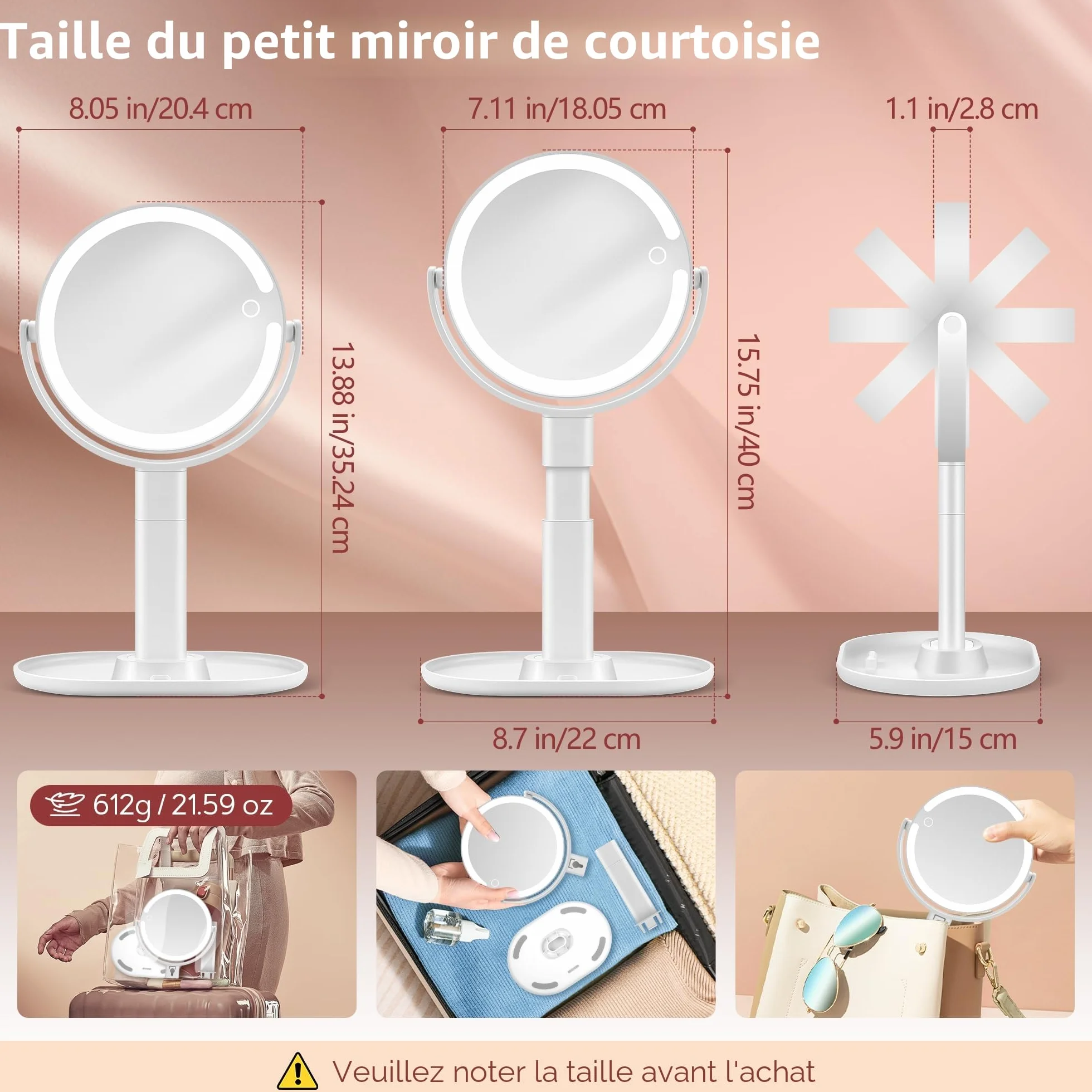 B Beauty Planet Miroir de Maquillage Éclairé 30X LED 3 Couleurs Intensité Variable Réglable en Hauteur Miroir Cosmétique 2 Côtés Blanc