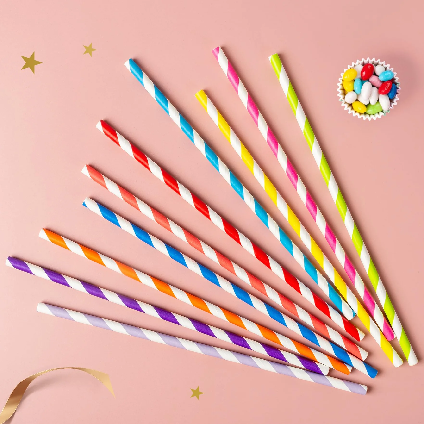 Lot de 100 Pailles en Papier Jetables Arc-en-Ciel 10 Couleurs Vives Ø6 x 210mm