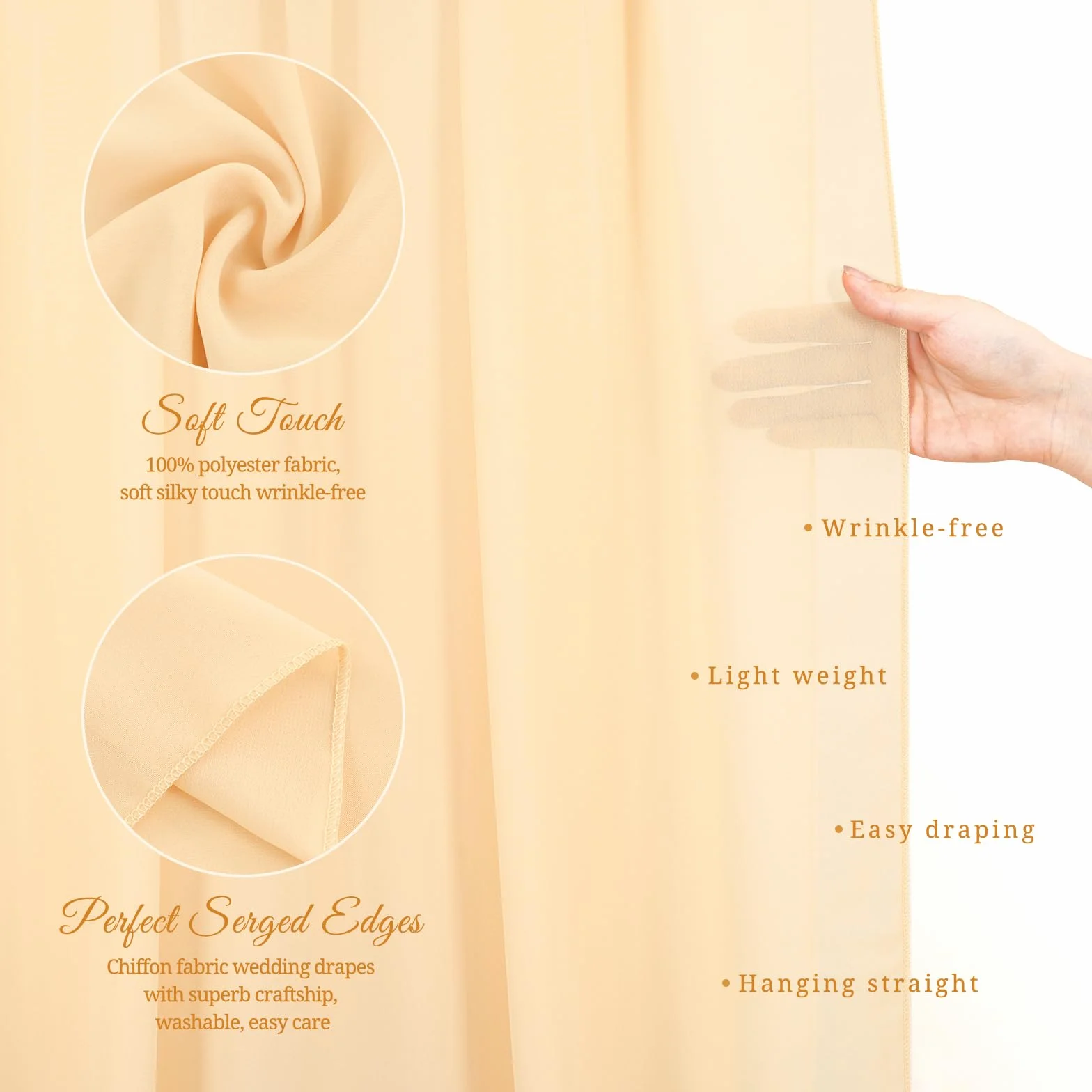 Panneaux de tissu drapé en mousseline de soie pour arche de mariage, 71,1 x 5,8 m, champagne