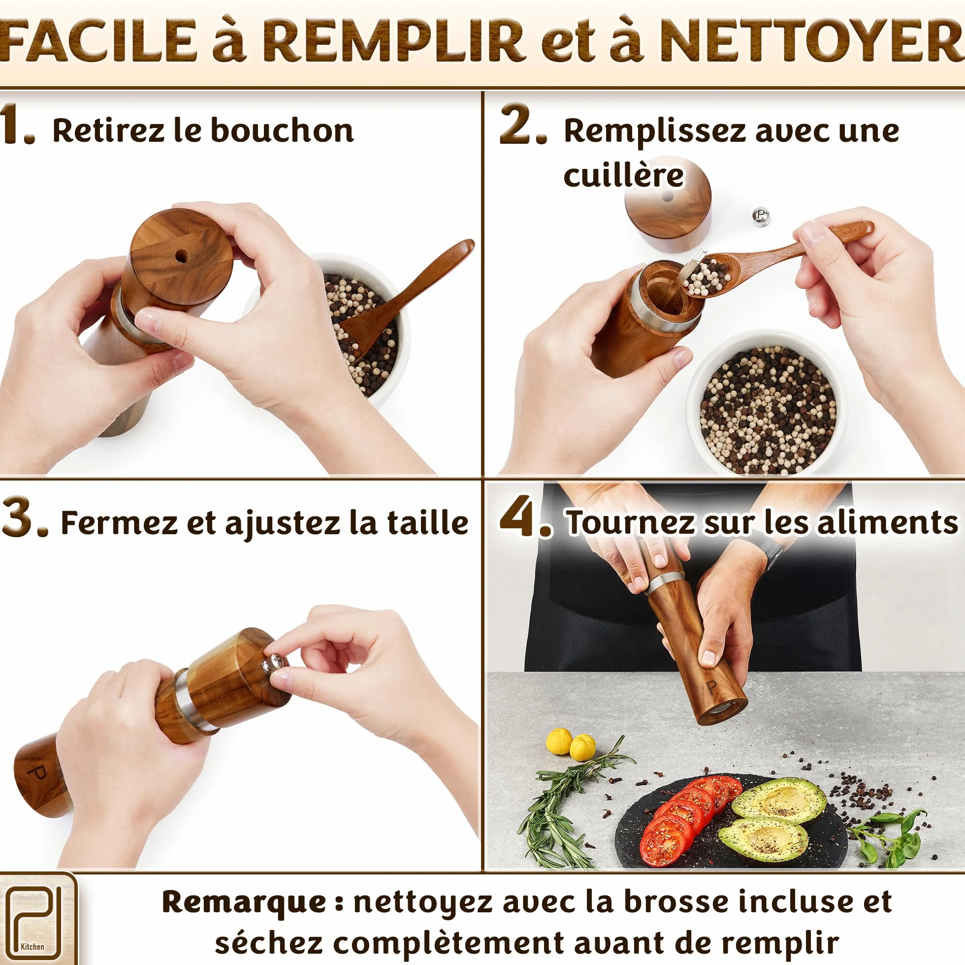 PJC-Kitchen Ensemble de Moulins à Sel et Poivre en Bois d’Acacia avec Plateau - 60 g