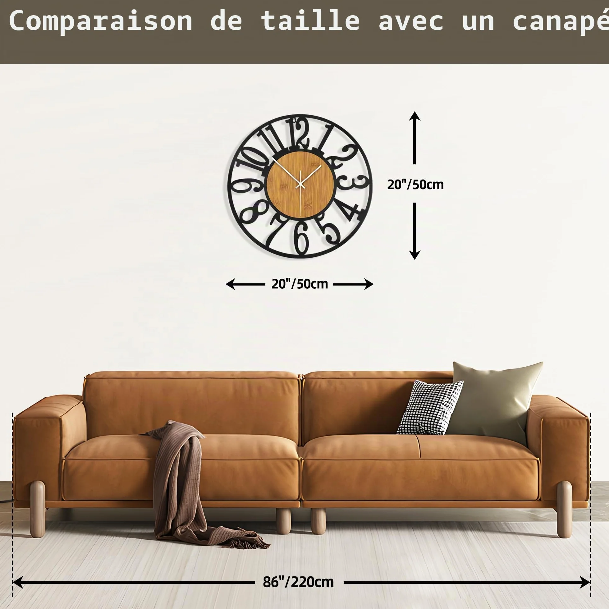 Horloge murale 50 cm silencieuse bois métal noir moderne salon cuisine