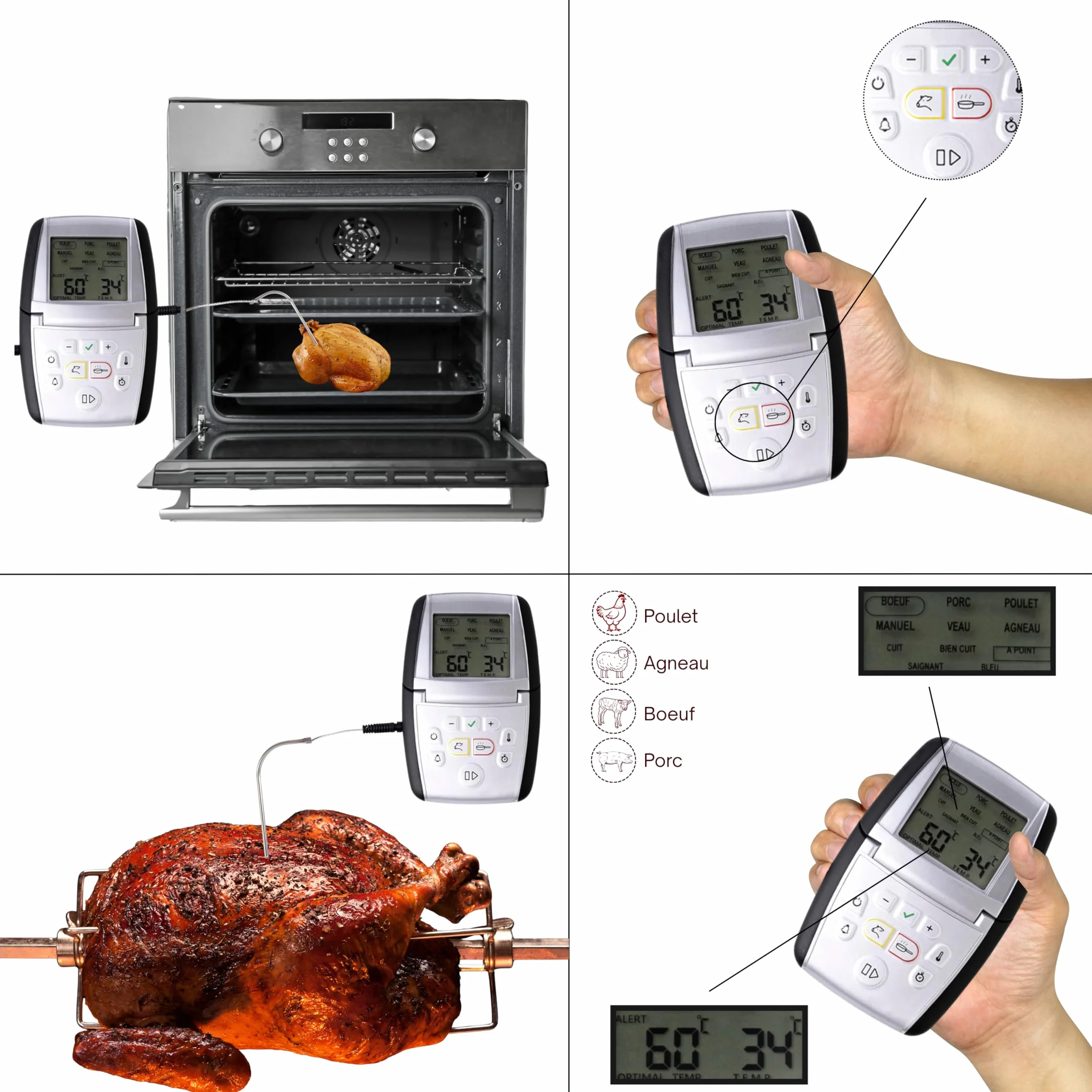 Mastrad Thermosonde De Cuisson m°classic+ Thermomètre Sonde 0-210°C Programmable Viande Cuisson Compatible Four BBQ Induction Alarme Temps Restant 1 Pile AAA
