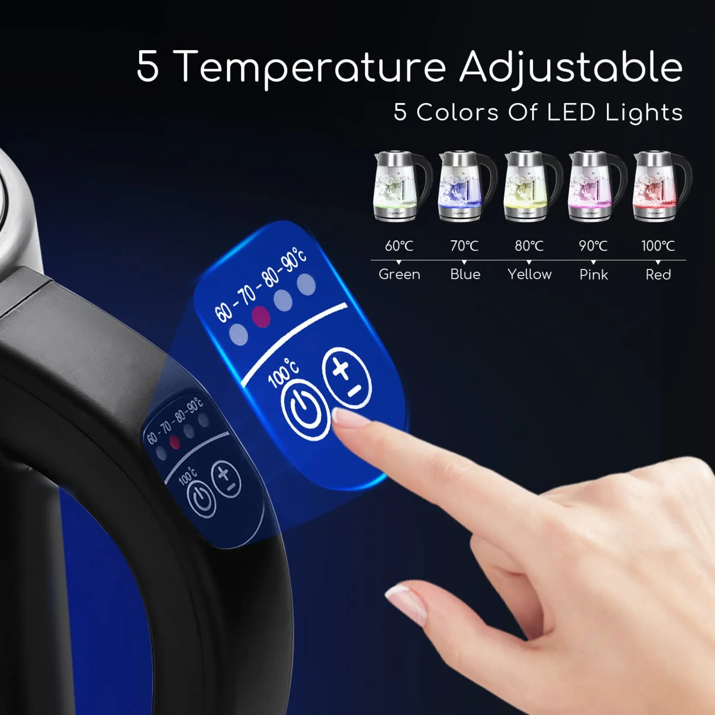 Aigostar Bouilloire en verre 2200W 1.7L Température Réglable 60-100°C Maintien au chaud Filtre à thé