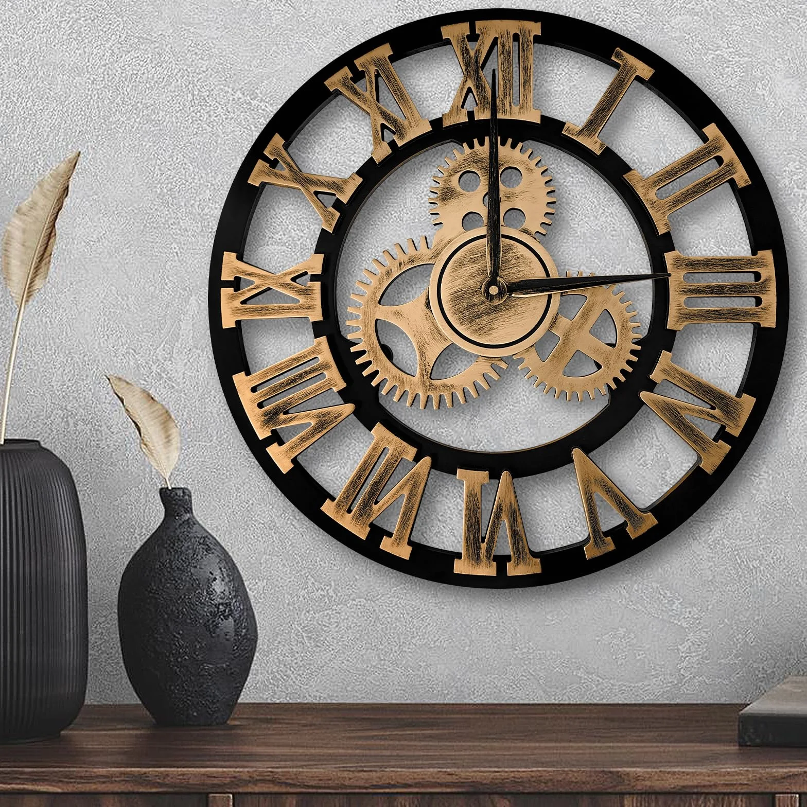 Horloge Pendule Industriel Vintage Romains Silencieux 3D pour Salon Maison Décor