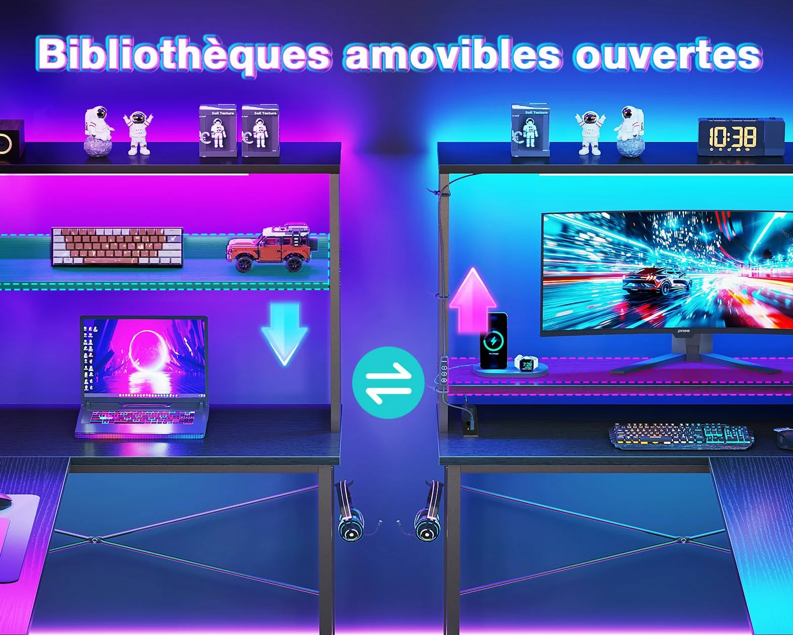 Coleshome Bureau Gaming Angle LED Prises 135x100 cm Réversible Étagères Table en L Sac Rangement Crochet Noir