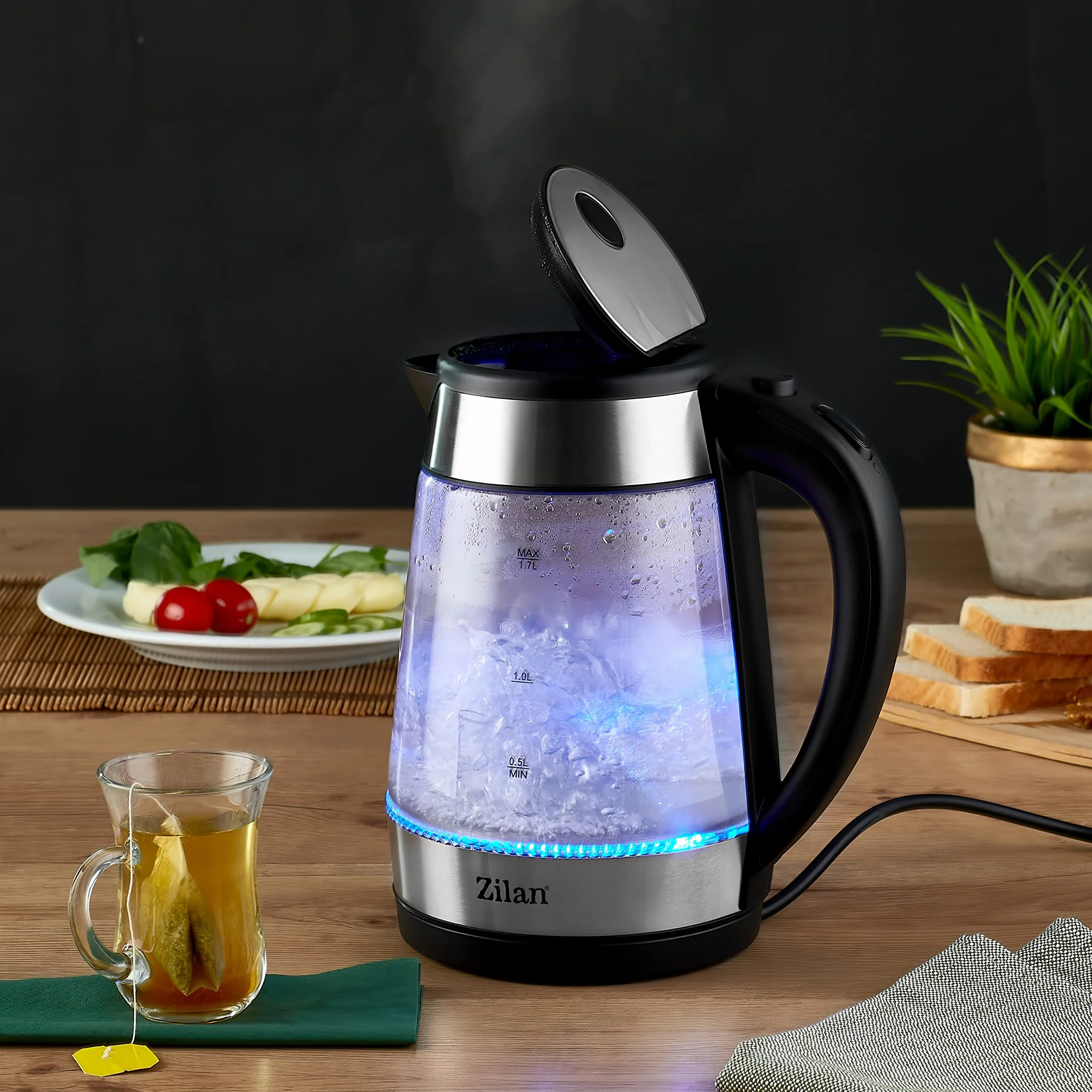 Bouilloire en verre et acier inoxydable 2200W 1,7L Éclairage LED bleu 360° Filtre anti-calcaire Sans BPA