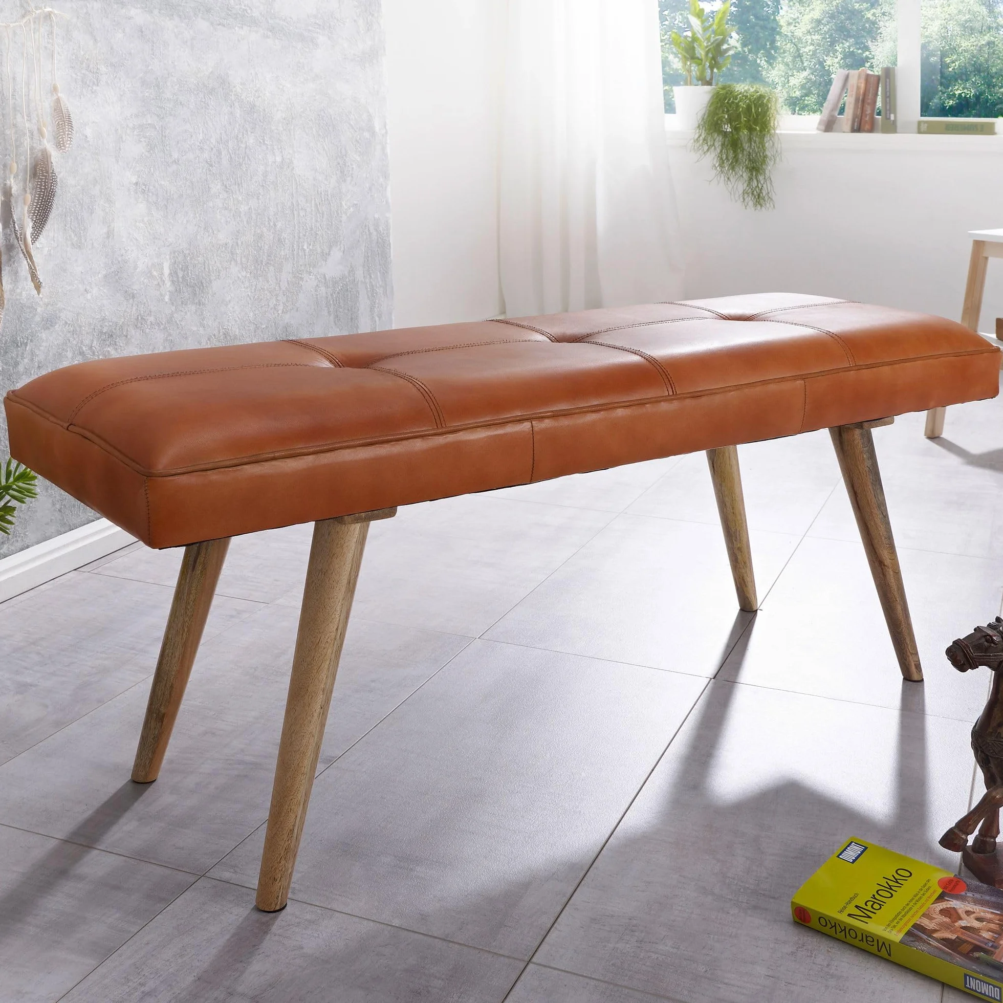 Banc en cuir massif bois 117x51x38 cm style rétro FineBuy