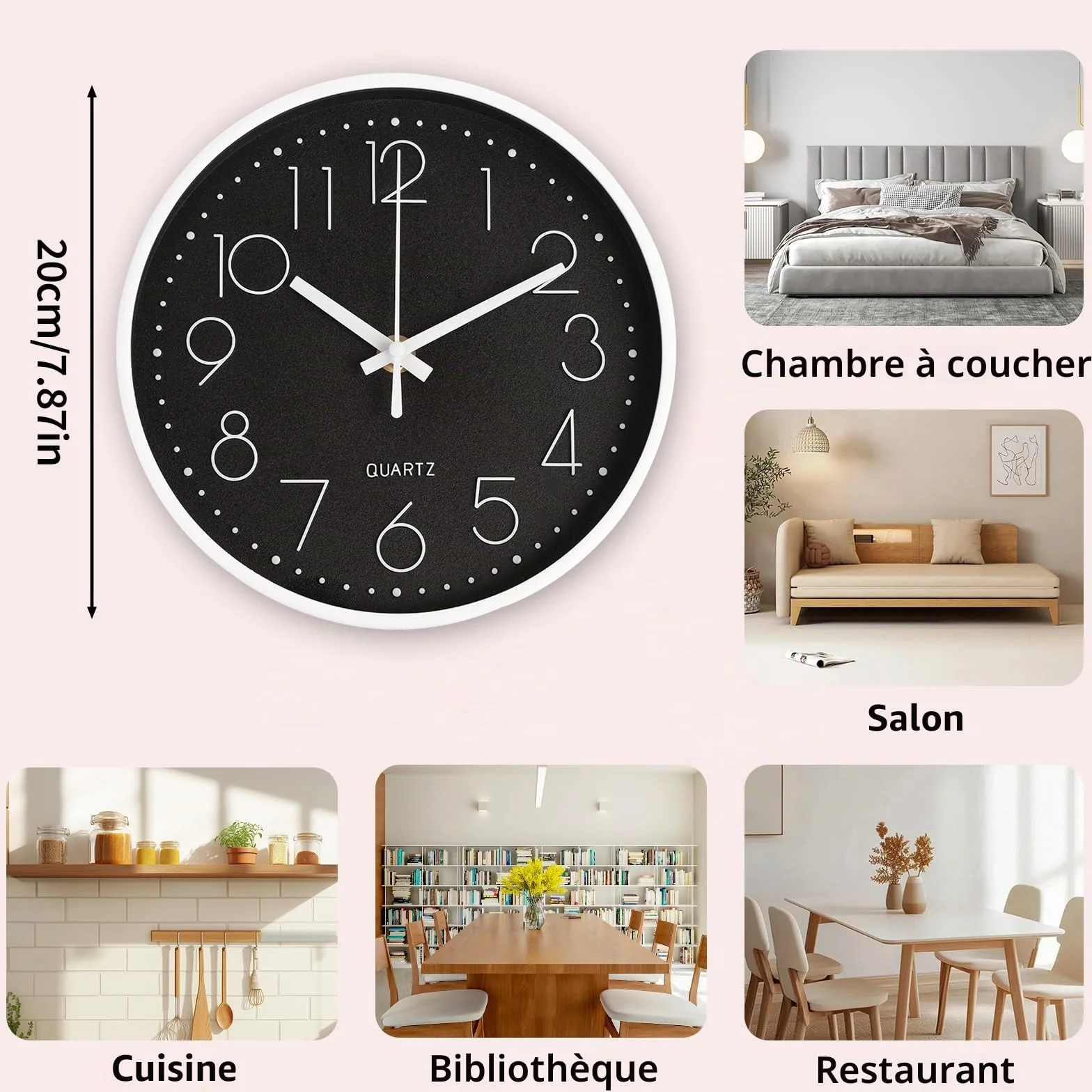 CIMOYBAI 20cm Horloge Murale Silencieuse Ronde, Moderne, Facile à Lire, Noir