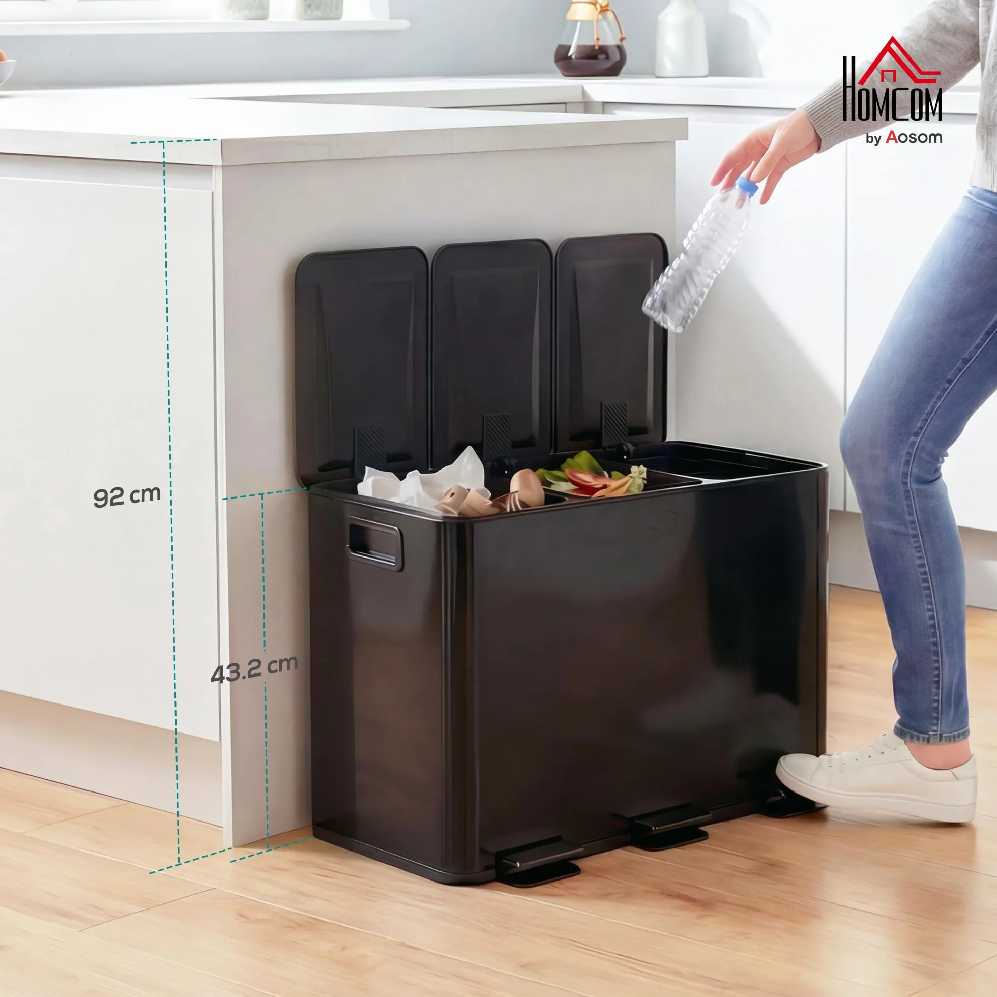 HOMCOM Poubelle cuisine 3 x 15L acier inoxydable tri sélectif 3 compartiments pédale