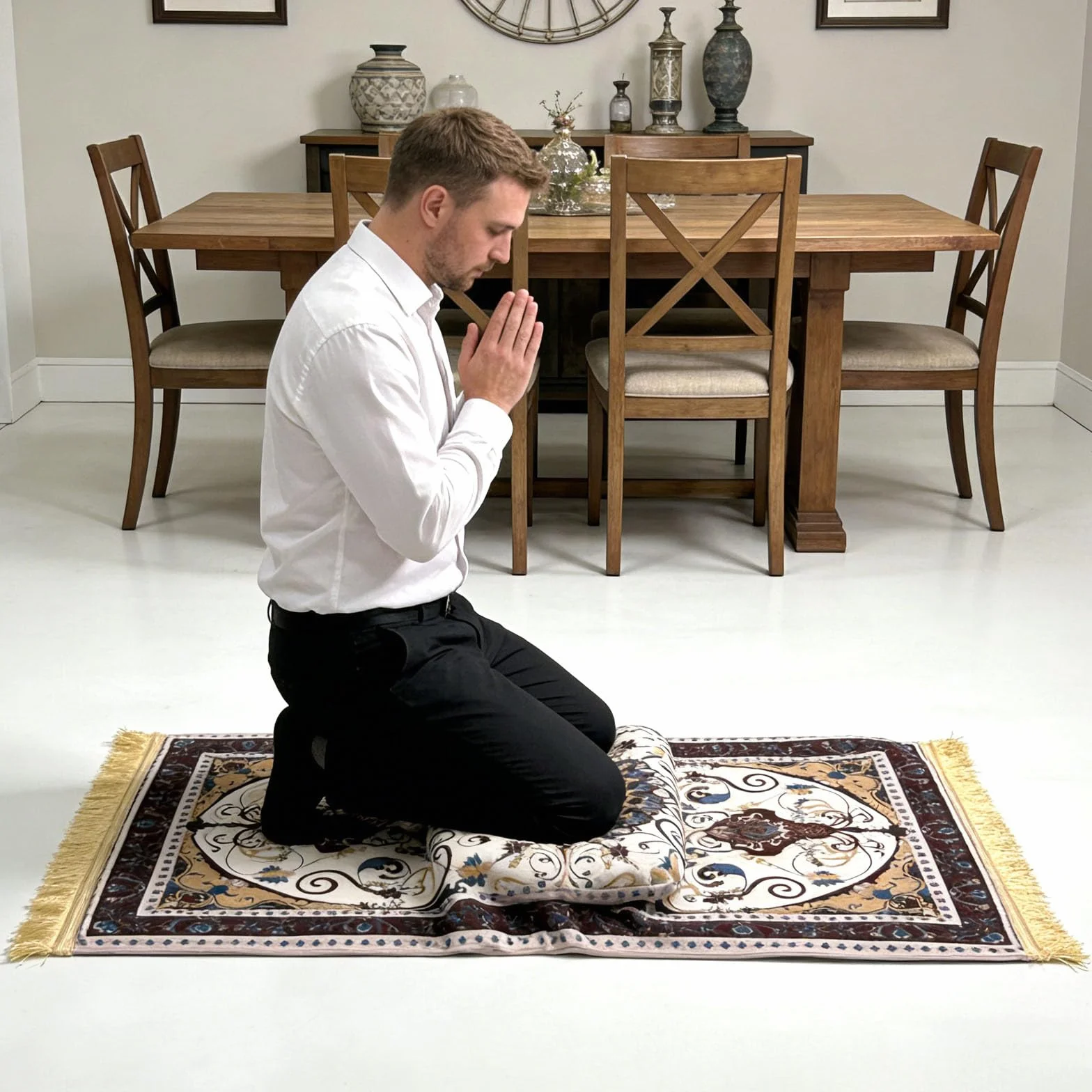 Tapis de prière Janamaz avec coussin pour genoux, pliable, antidérapant, gris