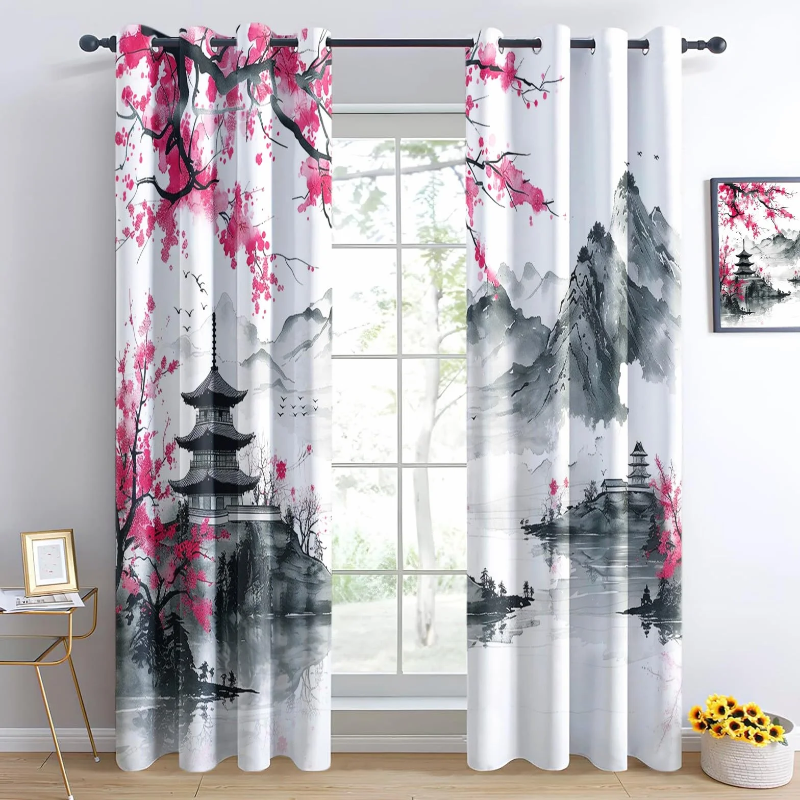 Rideaux Occultants 3D Perles Et Fleurs 75x166 cm 2 Panneaux Thermique Sonore Oeillets Décoration Salon Chambre