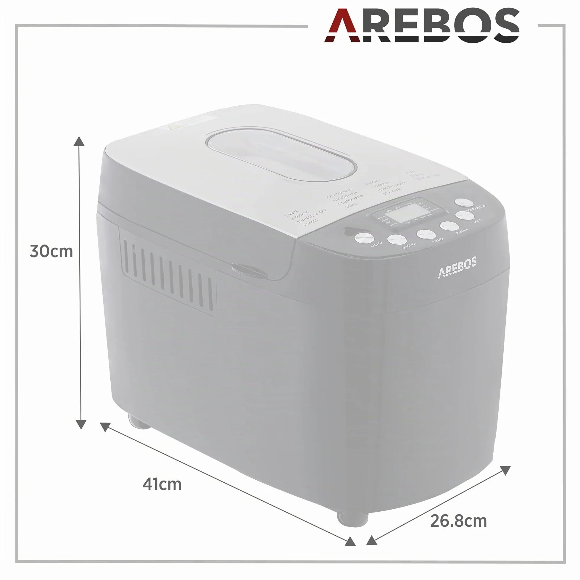 Arebos Machine à pain 1500 g 850 W Noir 15 programmes 2 crochets de pétrissage