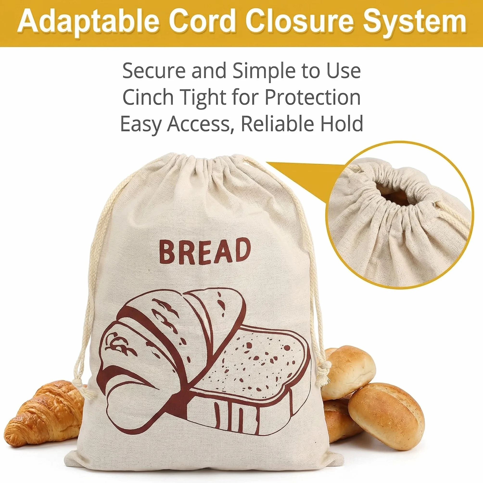 Sac à Pain Réutilisable en Tissu Lot de 2 30 x 40 cm avec Cordon de Serrage pour Baguette Fruits Stockage
