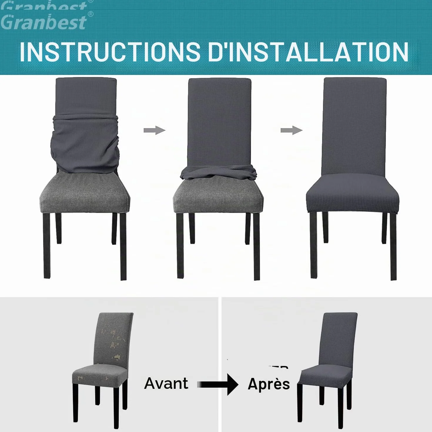 Granbest Lot de 4 Housses de Chaise de Salle à Manger Imperméables, Protection Amovible, Gris