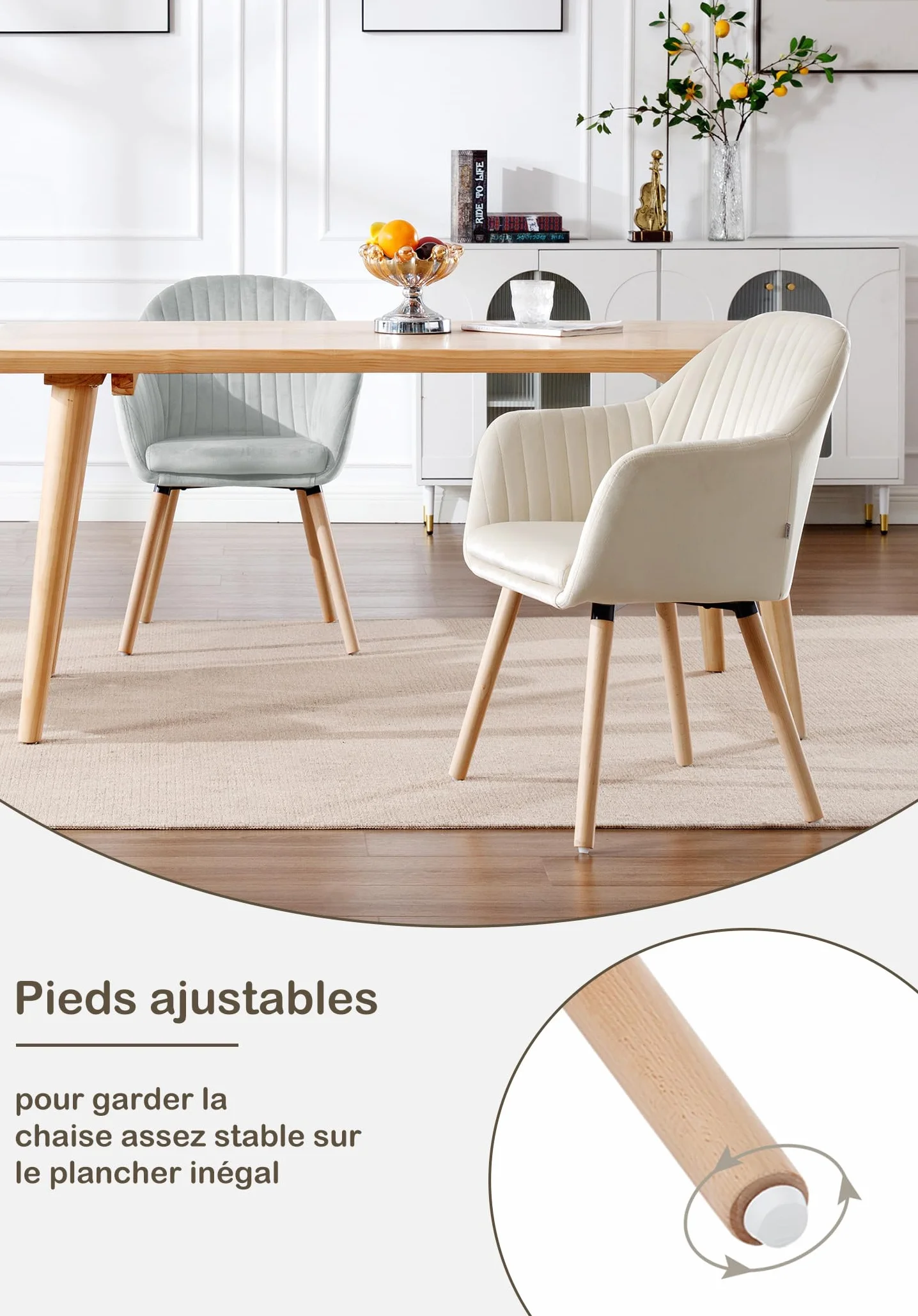 WOLTU Chaise de Salle à Manger en Velours, Pieds en Bois Massif, Charge Max. 150 kg, Crème Blanc