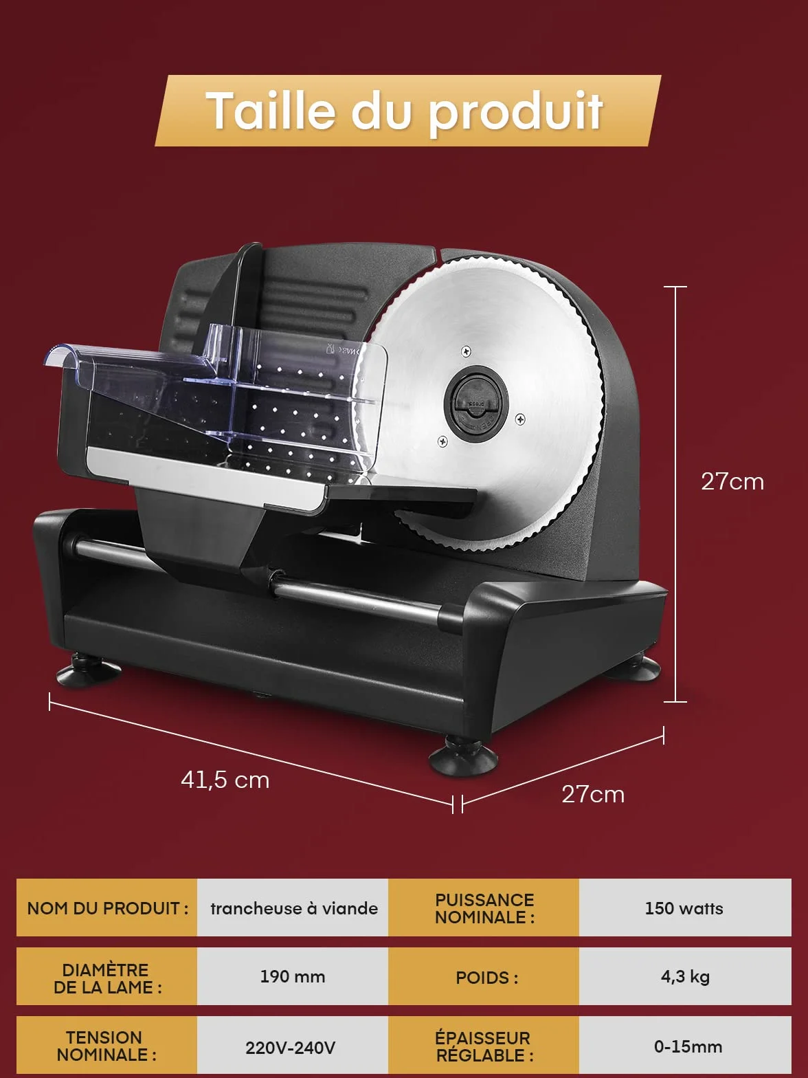 Trancheuse Electrique 200W 2 Lames 19 cm 0-15 mm d'épaisseur pour Jambon Saucisson