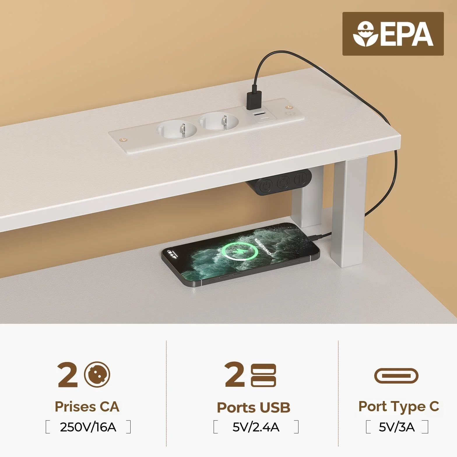 Rolanstar Bureau avec Rangement 100 cm - Table Ado 3 Tiroirs LED RGB Prises de Courant, Blanc