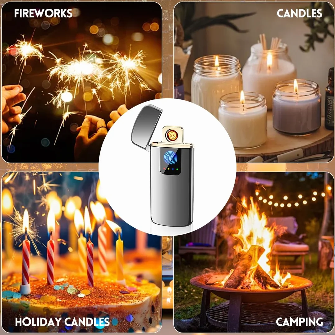LOMUG Briquet Electrique Rechargeable USB Double Arc Coupe-Vent Indicateur de Puissance Contrôle Tactile pour Bougie Barbecue Camping Cadeau Homme