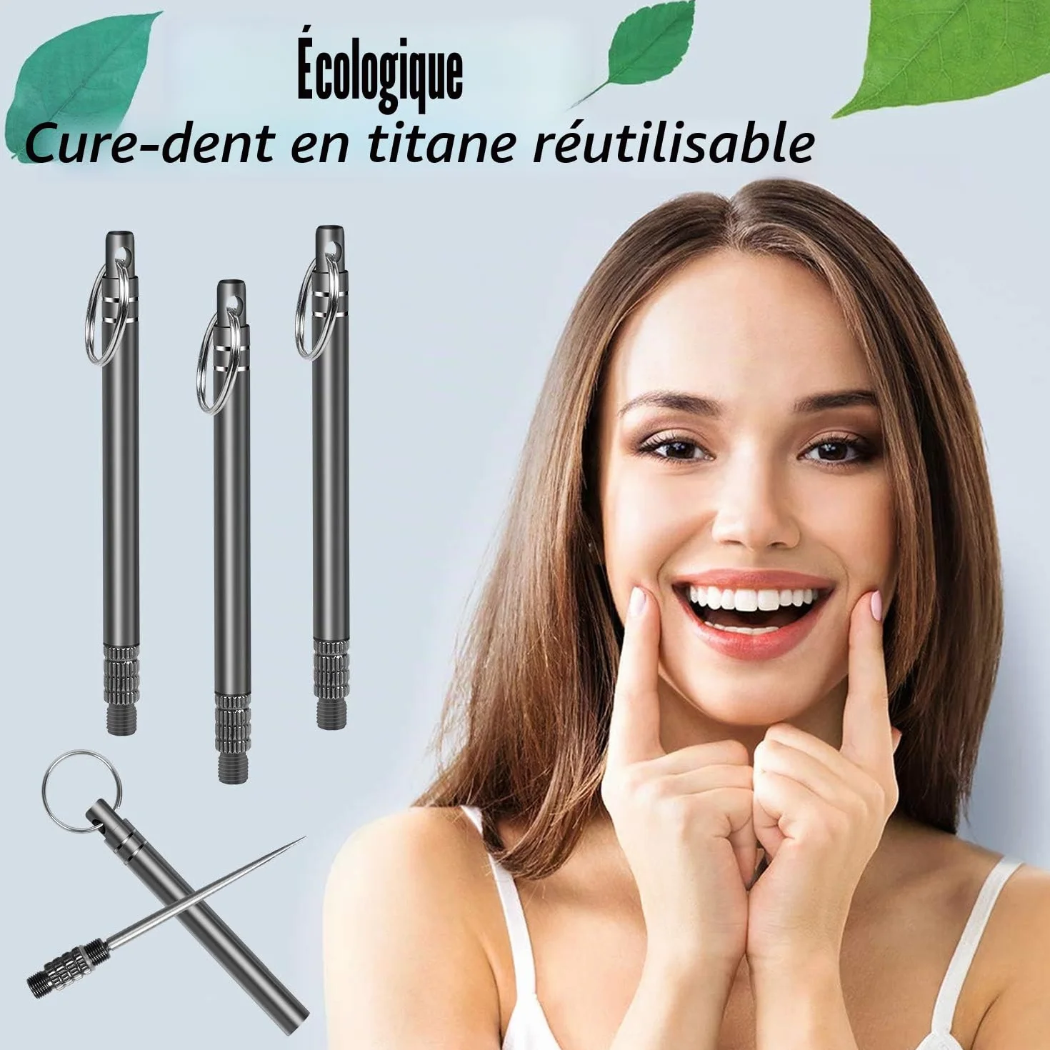 Lot de 3 cure-dents portables en titane acier inoxydable réutilisables noir pour camping pique-nique voyage