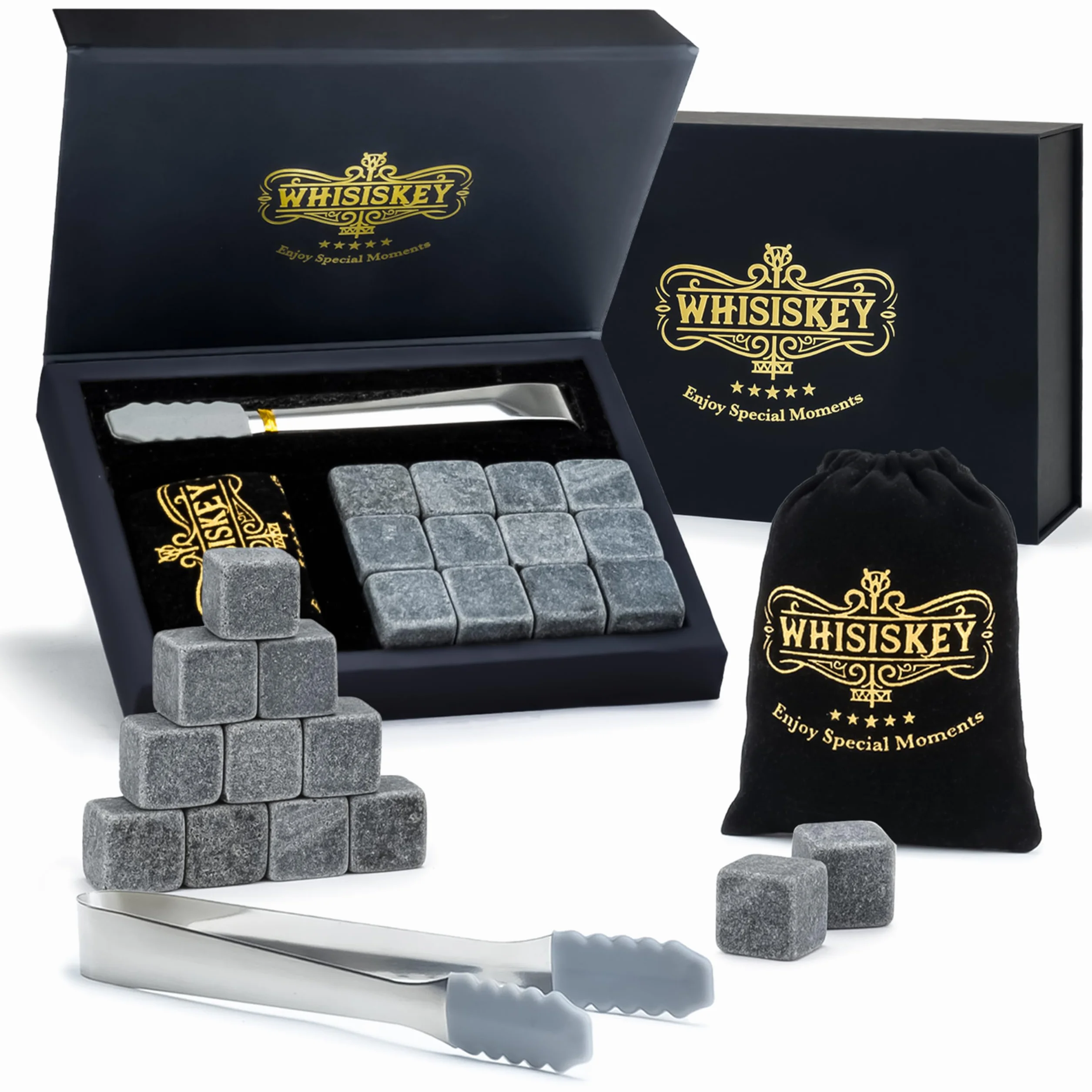 WHISISKEY Pierre à Whisky Coffret Cadeau Homme Anniversaire Original - 12 Pierres à Whiskey avec Glacon Réutilisable
