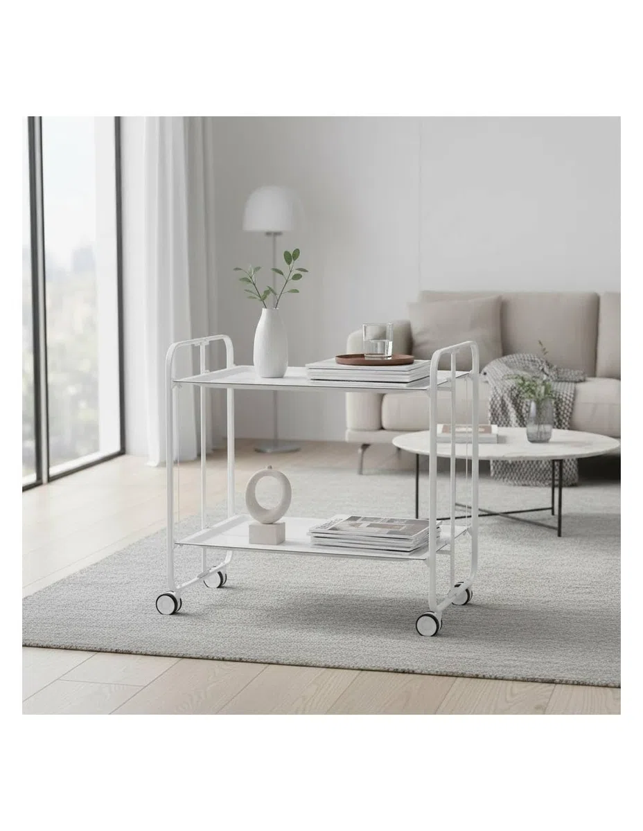 DON HIERRO - Table roulante Pliante Bauhaus châssis Blanc, 2 Plateaux-Blanc