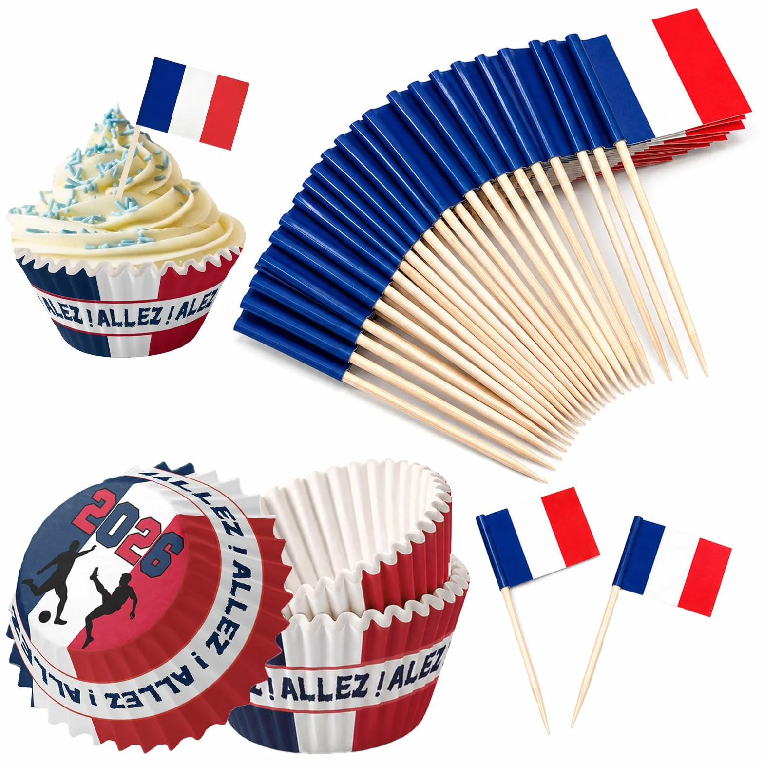 France Cupcake Cure Dents et Drapeau, Mini Cure Dents Couleurs du Drapeau, Caissettes Noirs Rouges Dorés, Idéal Coupe du Monde Fête Football