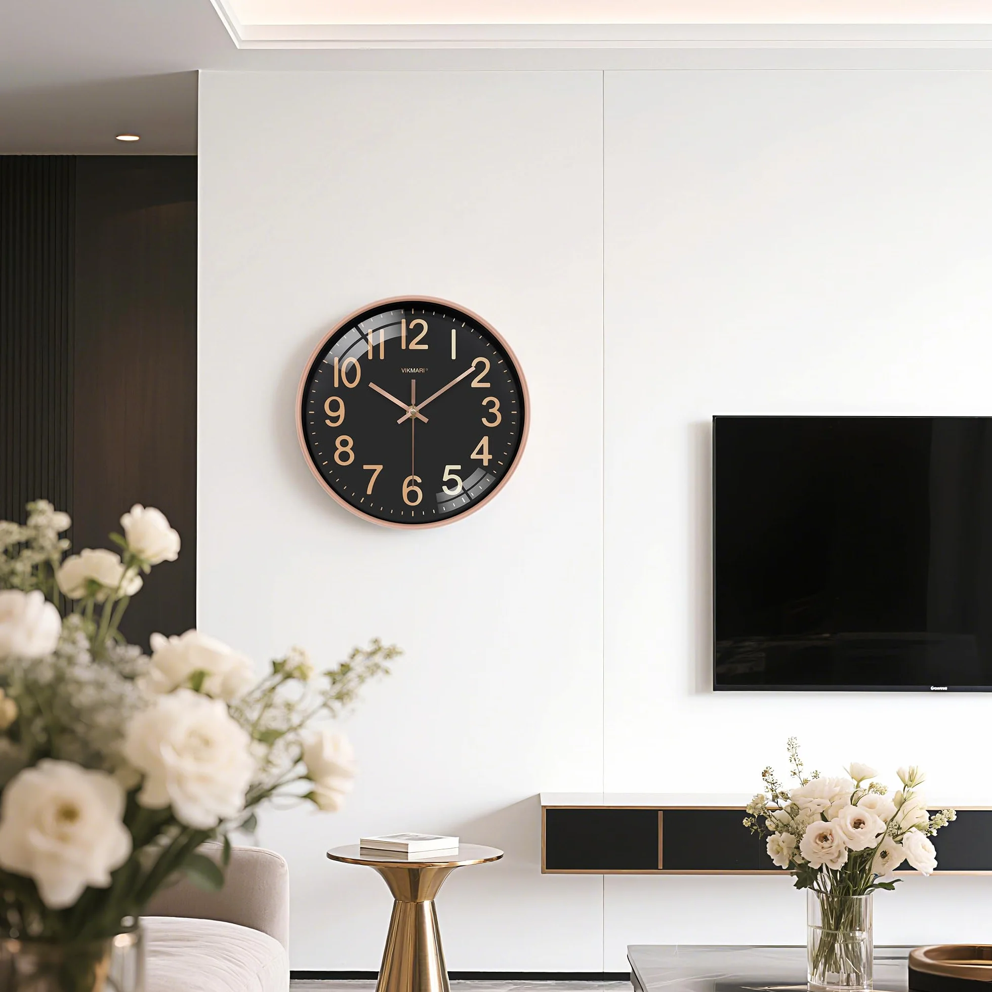 VIKMARI Horloge Murale 30 cm Silencieuse Noir et Doré - Pendule Murale Quartz pour Salon Bureau