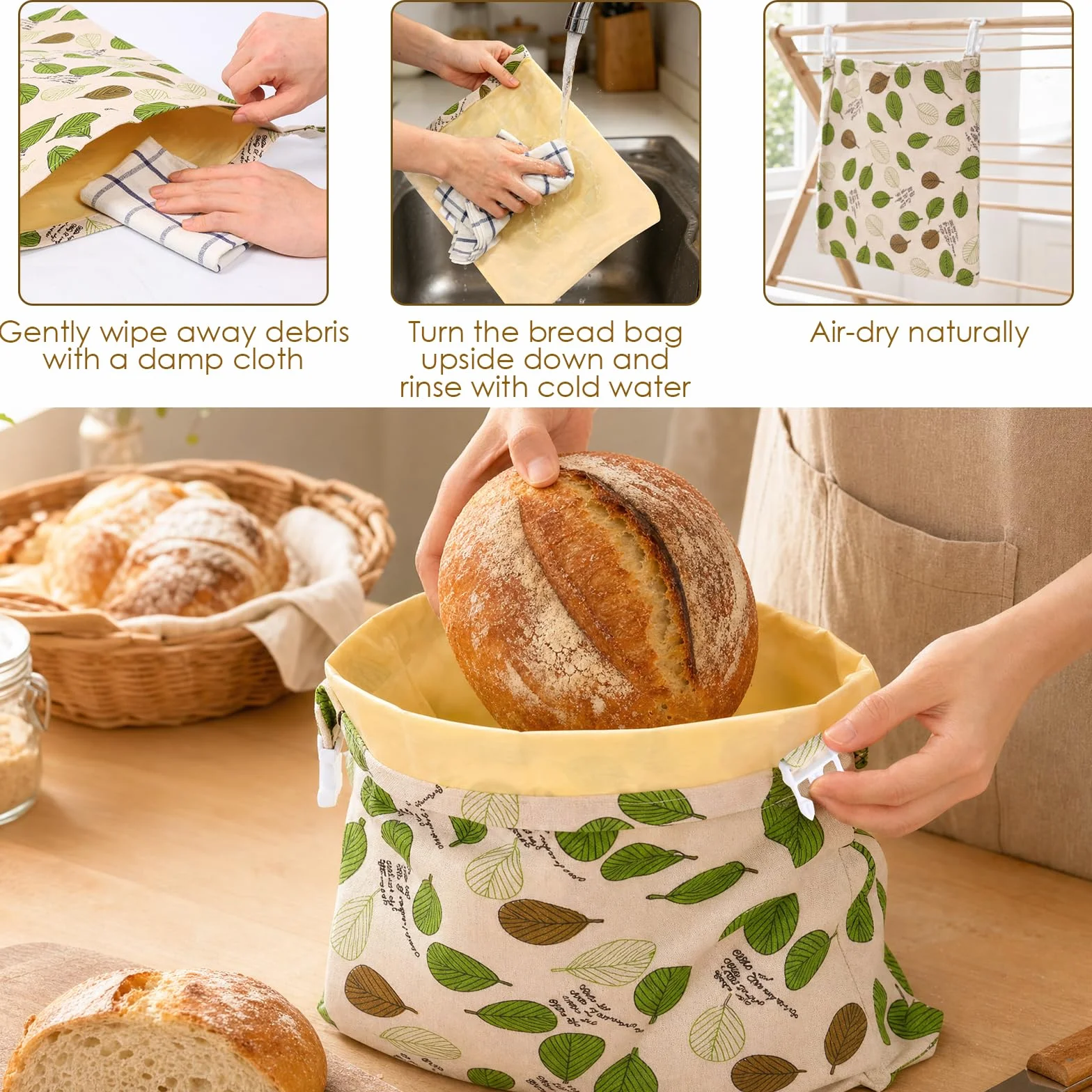 Sacs à pain en cire d'abeille réutilisables 43x33 cm - Lot de 2 - Coton avec revêtement cire naturelle (vert + gris)