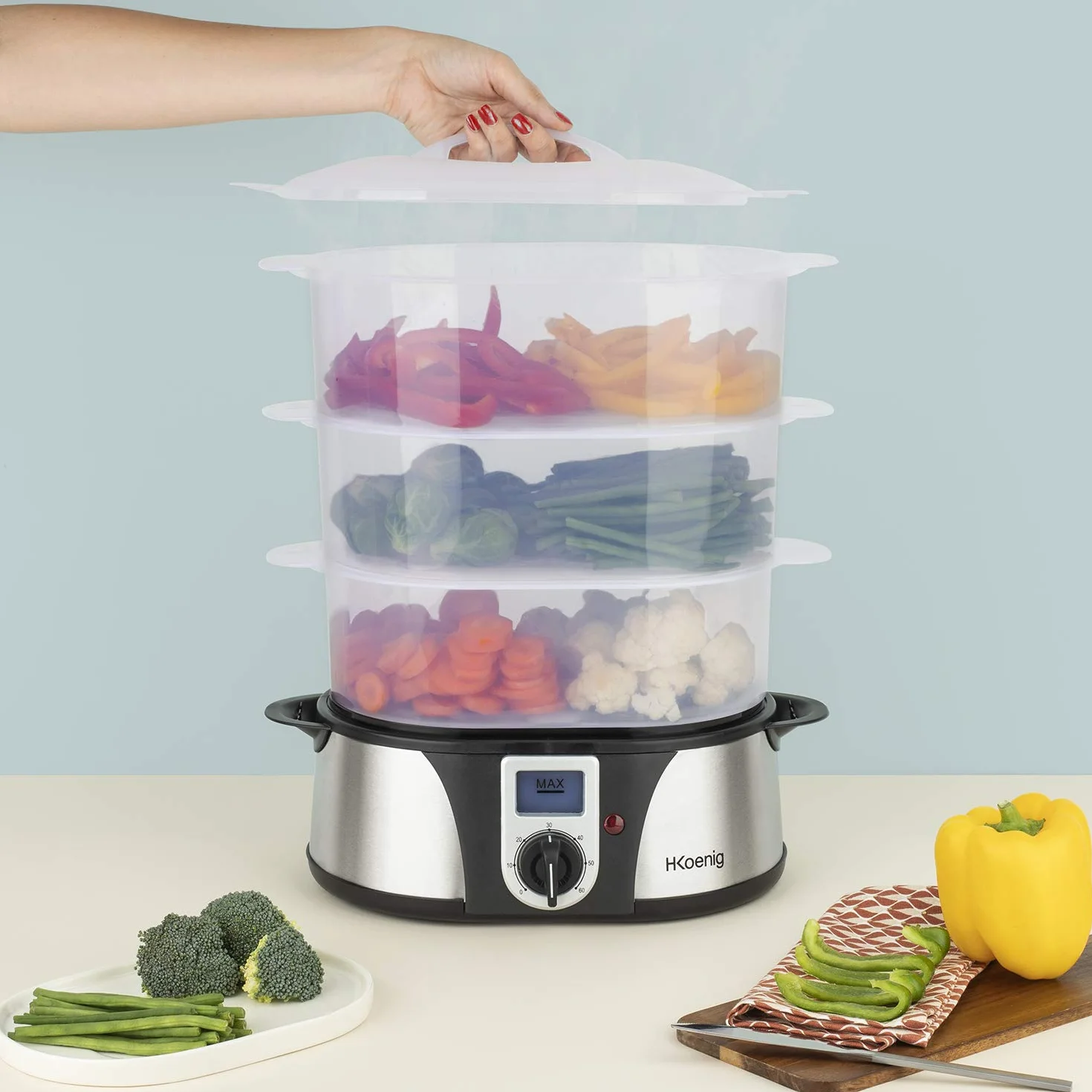 H.Koenig VAP12 Cuiseur Vapeur Électrique 12L Multifonction Programmable 3 Paniers