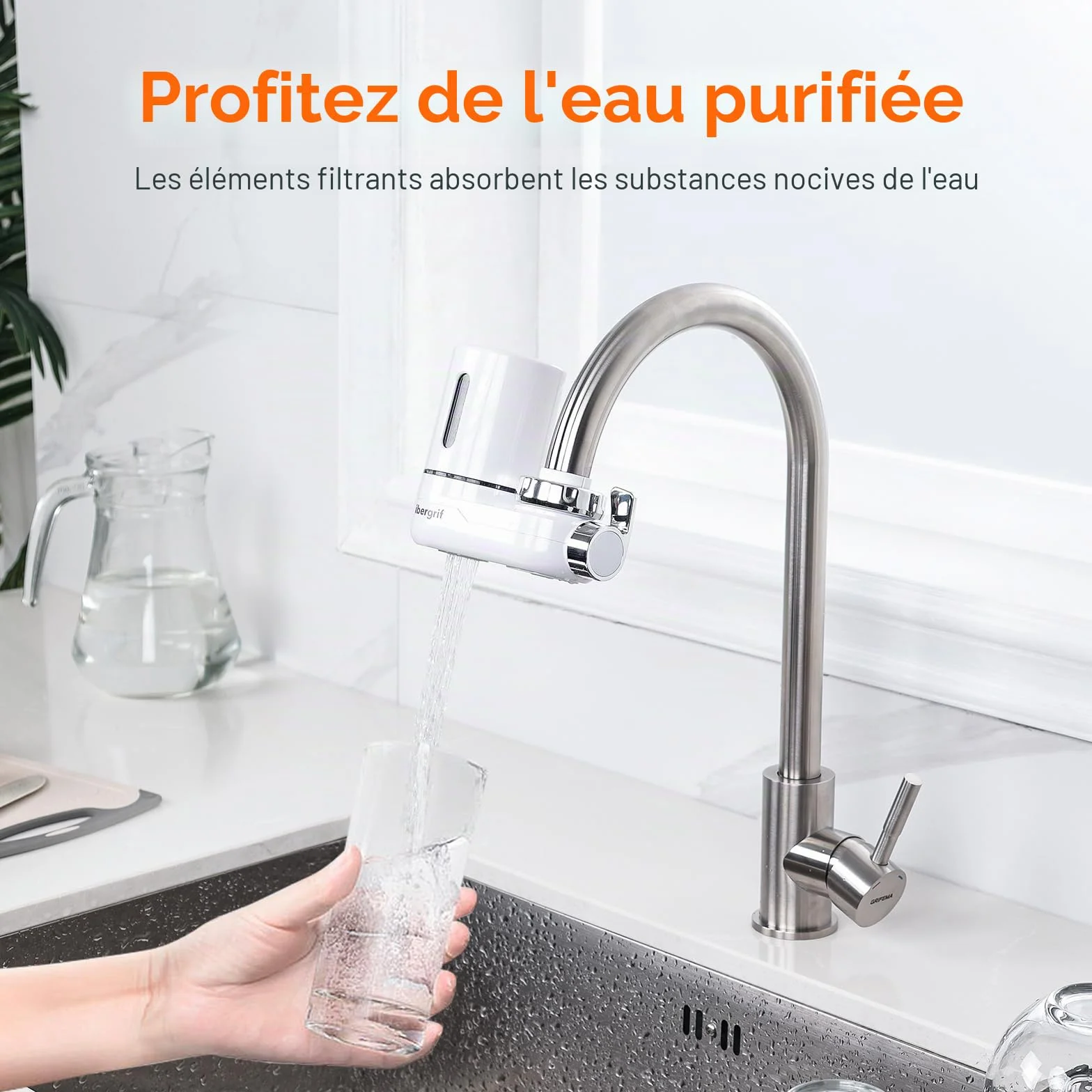 Ibergrif Système de Filtration sur Robinet, Filtre à Eau Cuisine avec Charbon Actif, Réduit Chlore PFAS Sédiments, Installation Sans Outils, Blanc