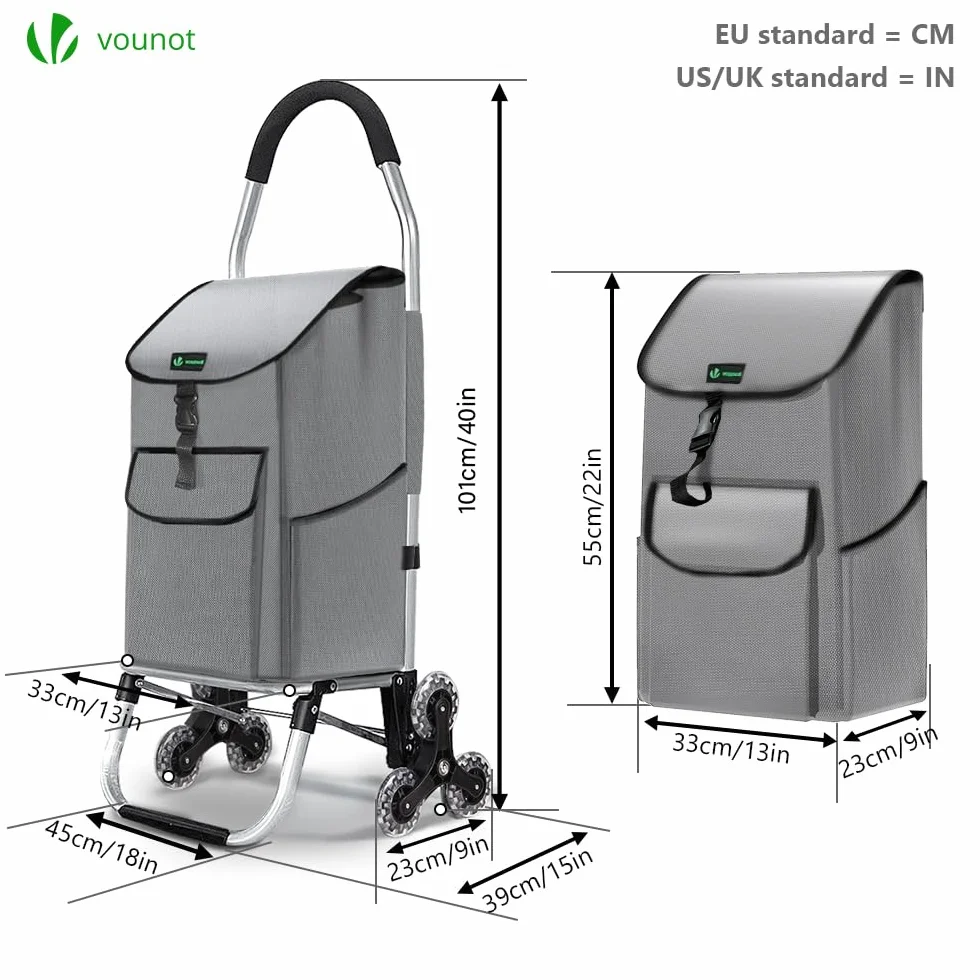 VOUNOT® Chariot de Courses 6 Roues Aluminium Pliable 2 en 1 Sac Escalier Gris 58 L