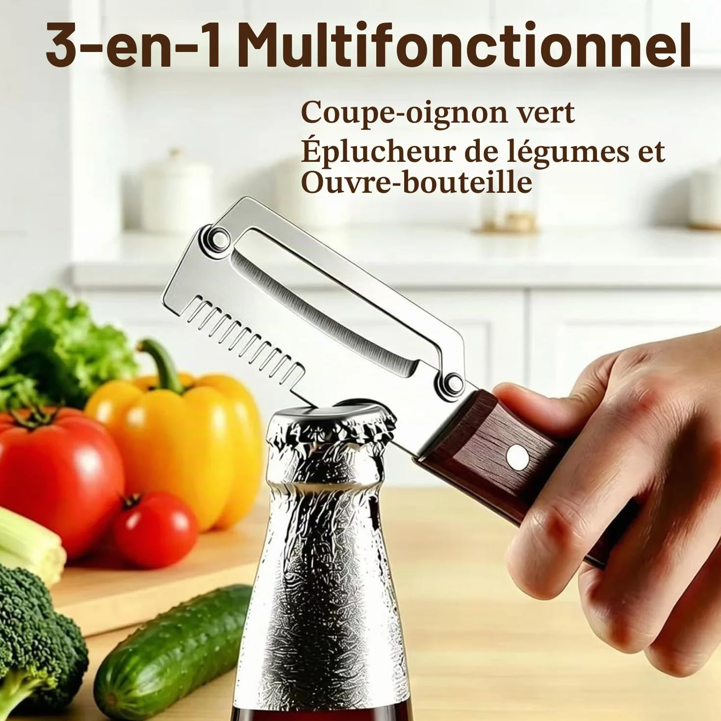 Éplucheur Multifonction 3 en 1 Acier Inoxydable avec Manche en Bois, Coupe-Légumes et Ouvre-Bouteille