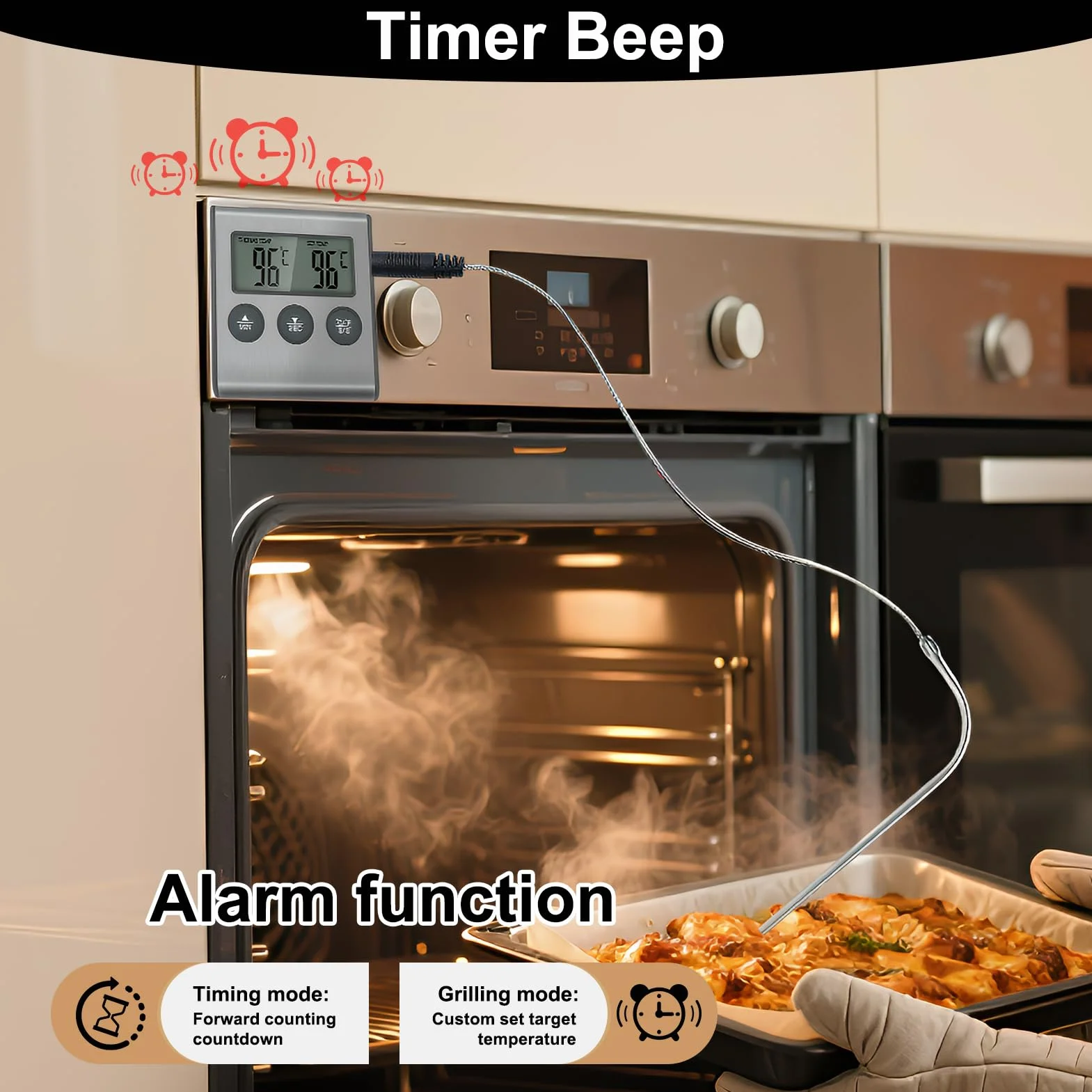 Thermomètre de Cuisson Numérique avec Grand Écran LCD, Sonde en Acier Inoxydable, Minuterie pour Four, Gril et Barbecue