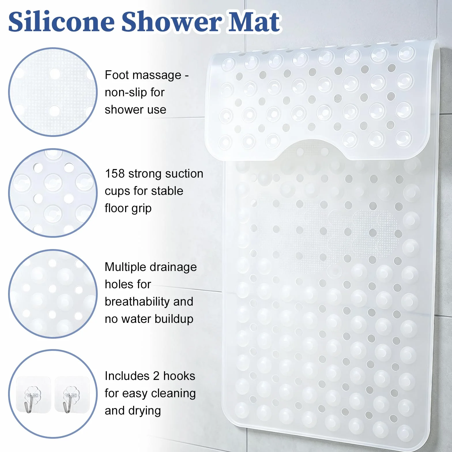 Tapis de Baignoire Antidérapant 92x40cm Silicone avec Ventouses Puissantes sans BPA Lavable en Machine