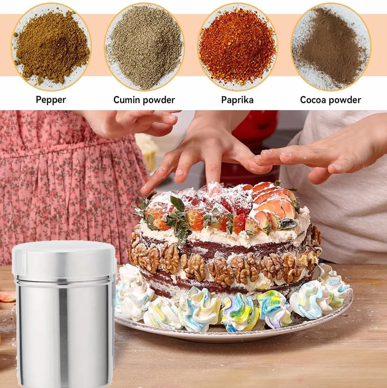 Saupoudreuse à Trous Moyens en Acier Inoxydable, Shaker à Épices avec Couvercle Hermétique pour Desserts et Cuisine