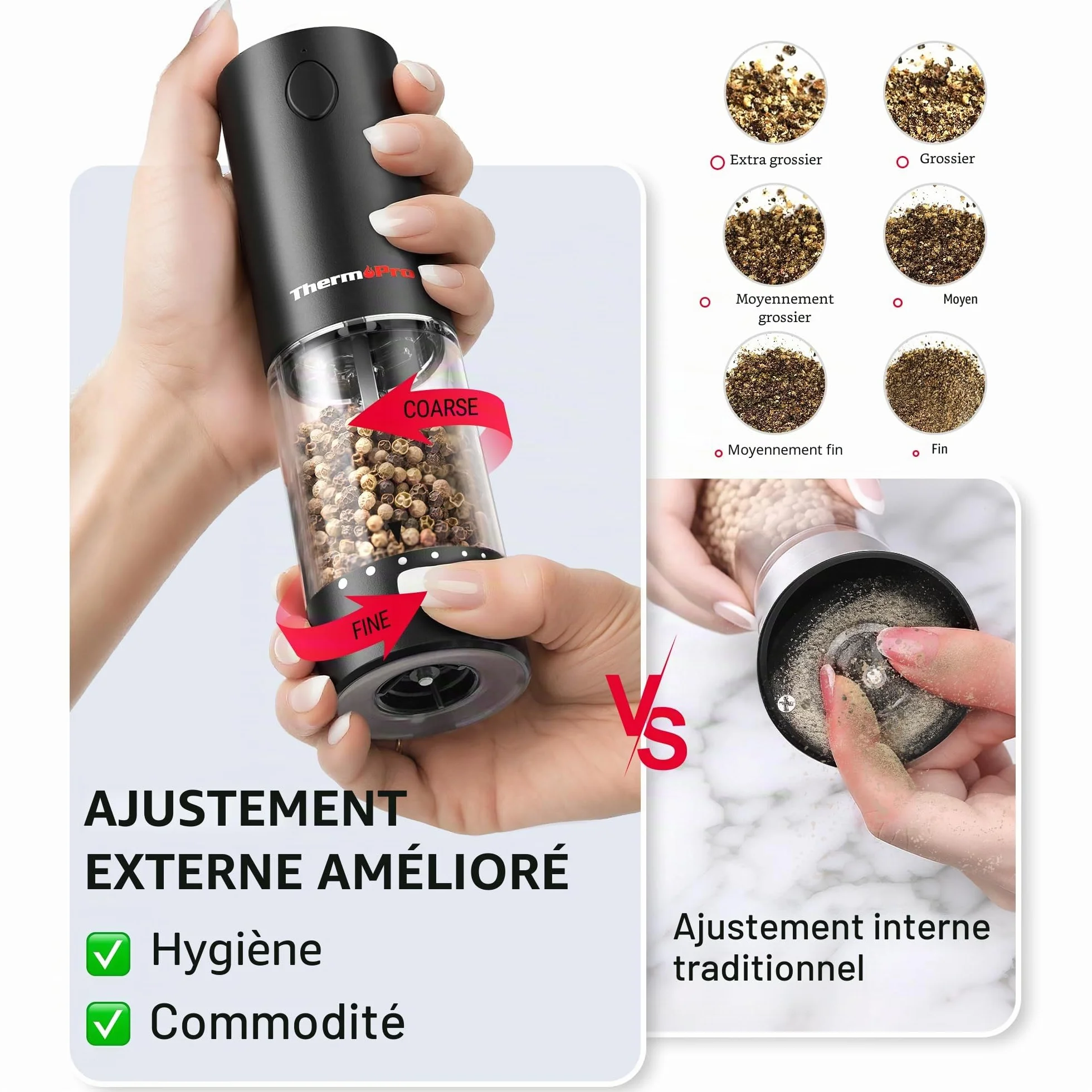 ThermoPro Ensemble de moulins à sel et à poivre électriques rechargeables 110ml avec réglage externe LED