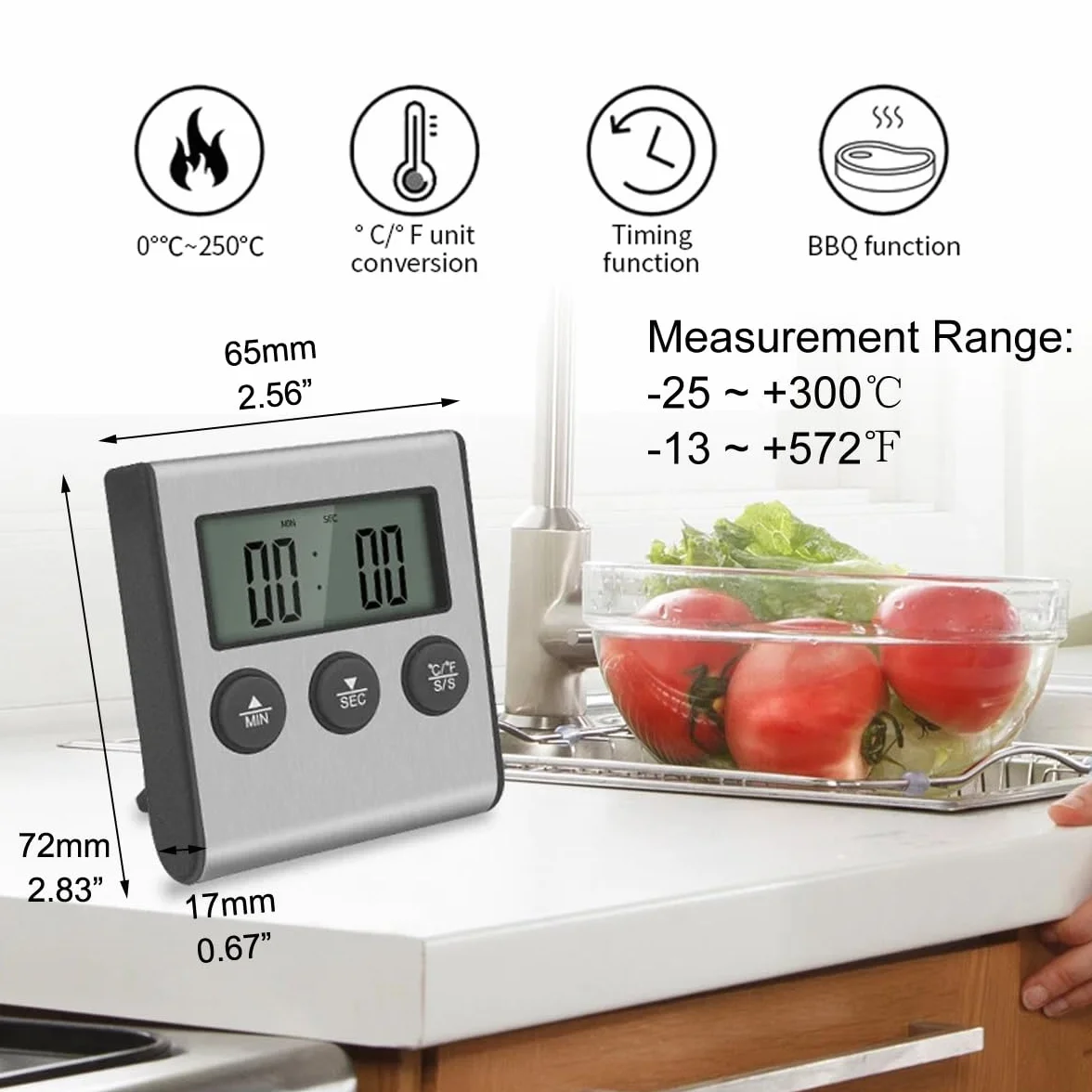 Grand thermomètre numérique LCD pour cuisson des aliments et de la viande avec sonde en acier inoxydable, fumoir, four, barbecue