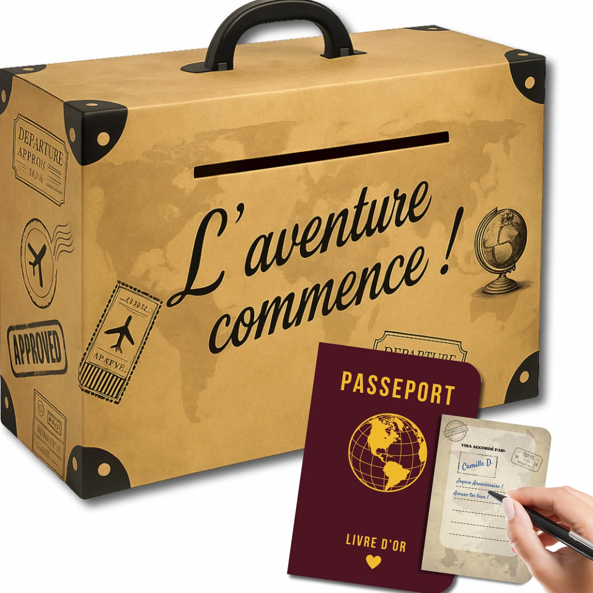 Urne Voyage Valise 30x20x10 cm avec Livre d’Or Passeport pour Mariage Décoration Thème Voyage