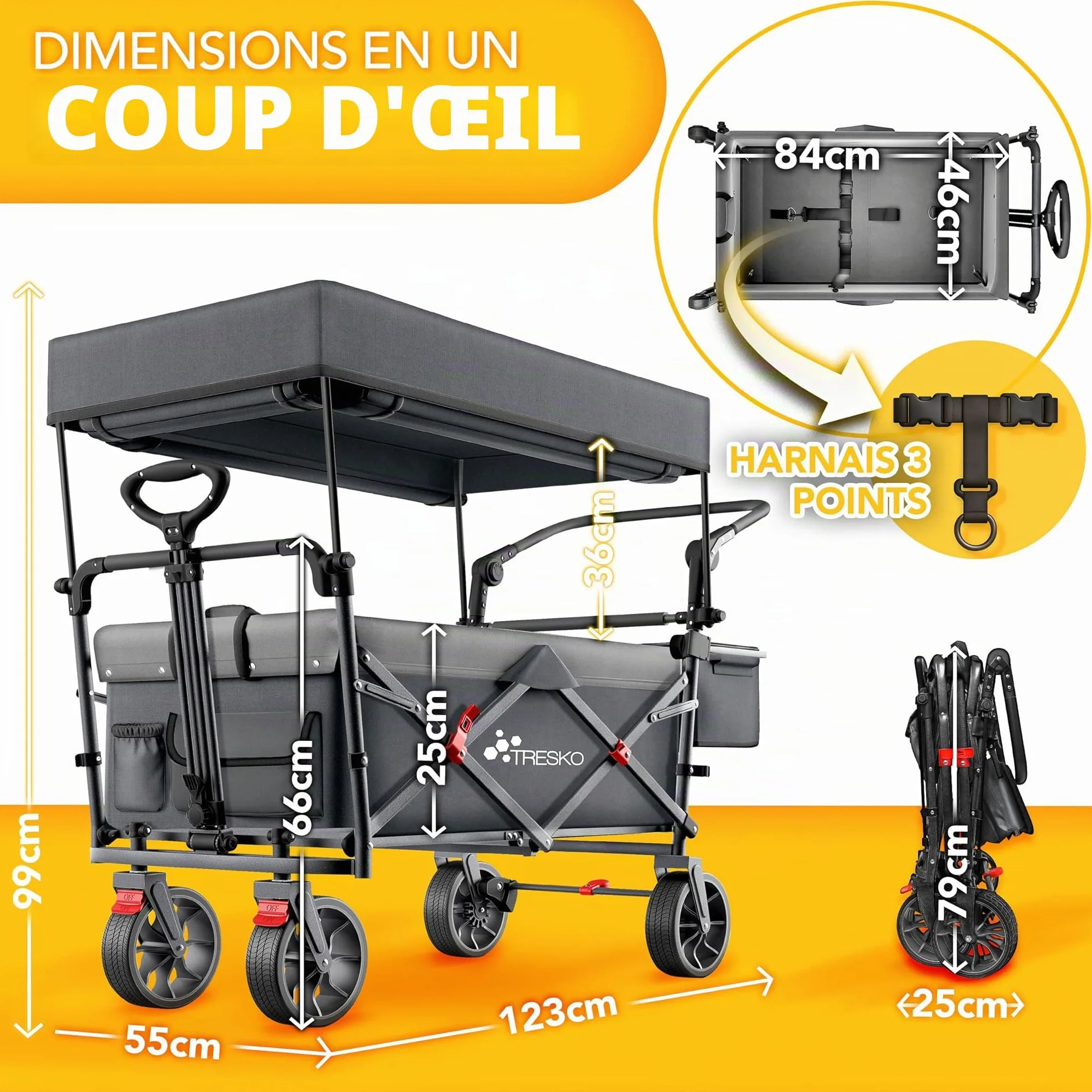 TRESKO Chariot de transport pliable 150 kg avec compartiment isotherme et stores latéraux